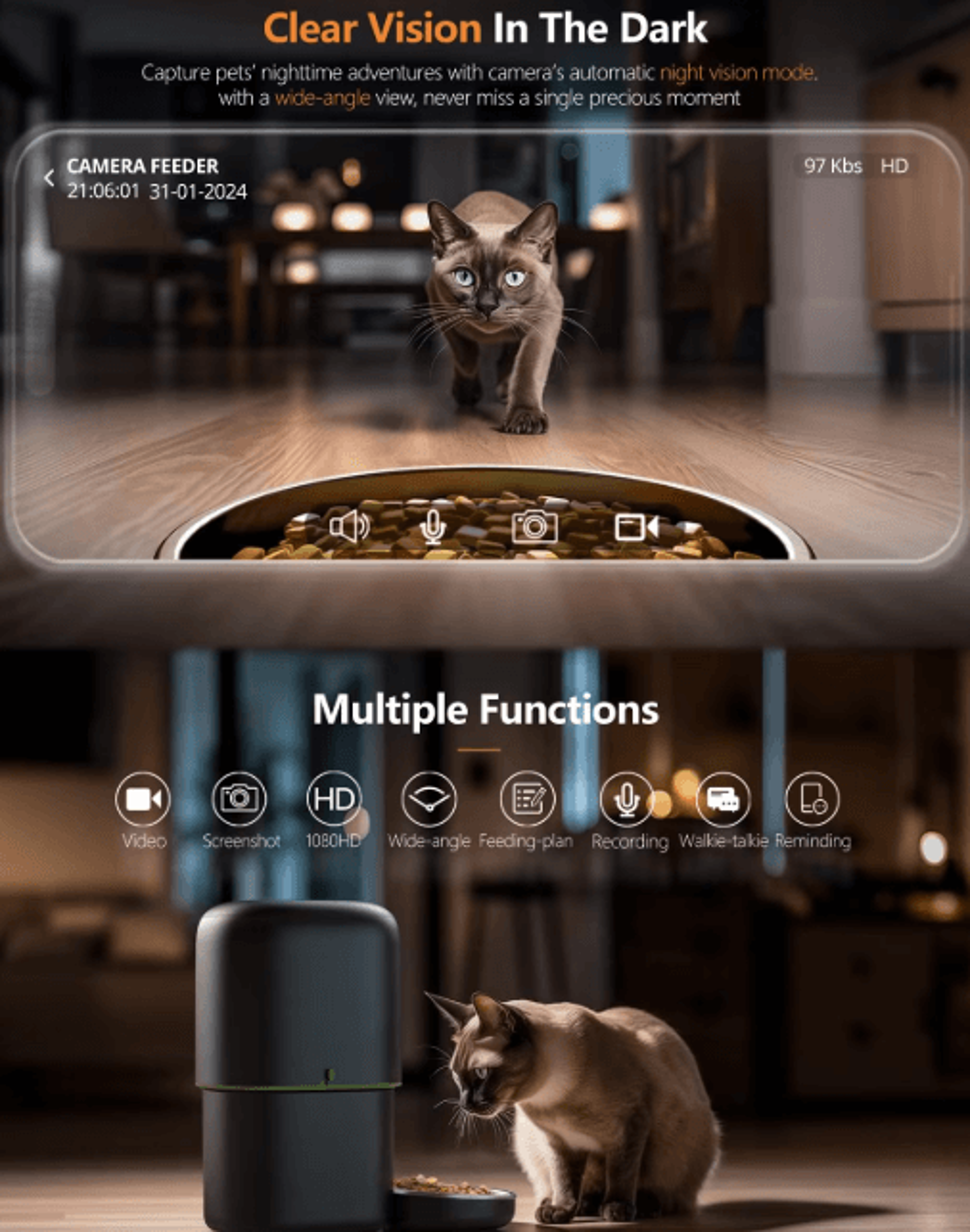 Automatic Cat Feeder Camera Pet Smart Cat Food Kibble Dispenser 24G5GWiFi Tuya APP Control Auto Fee 6