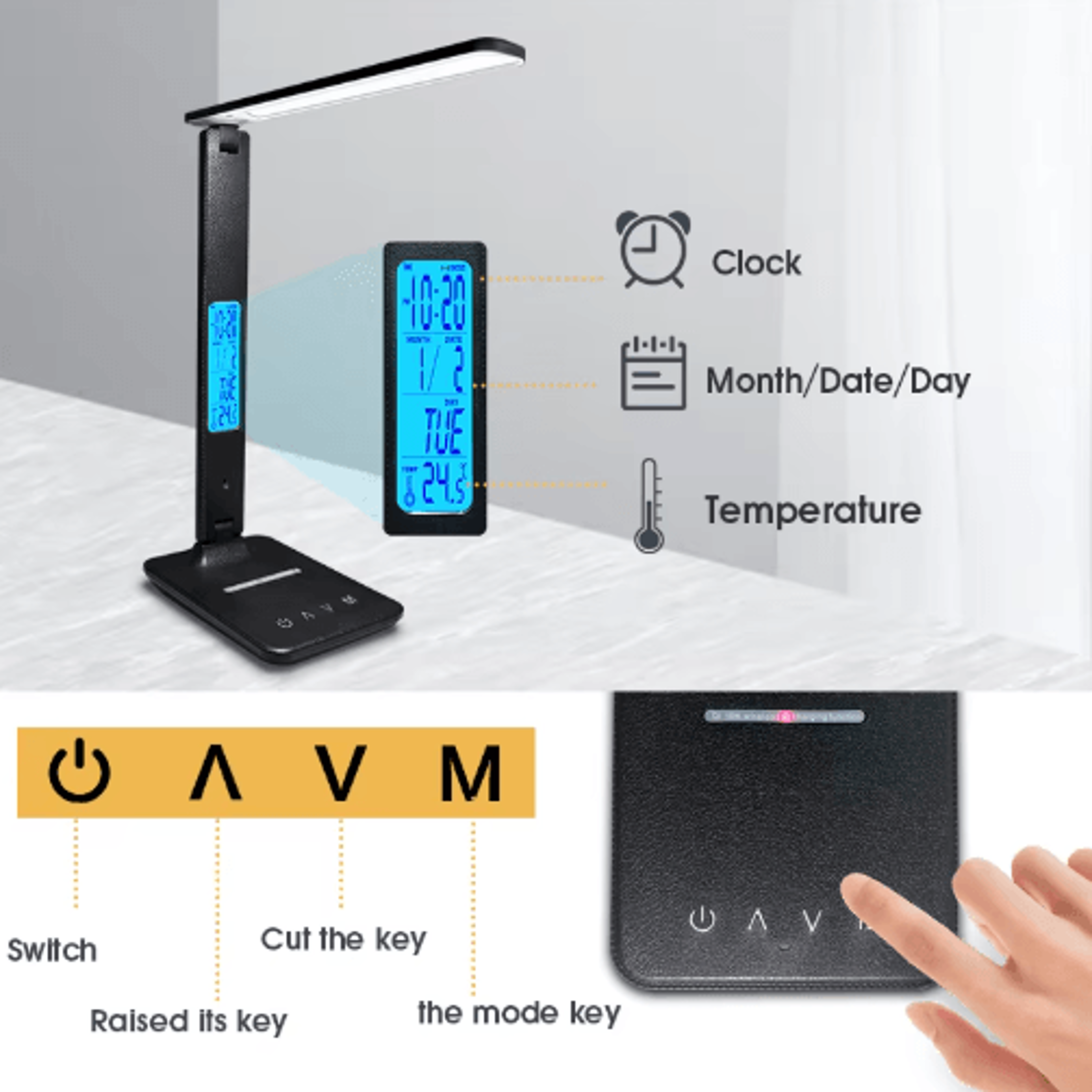 10W Wireless Charging LED Desk Lamp With Clock Calendar  Eye Protection 4