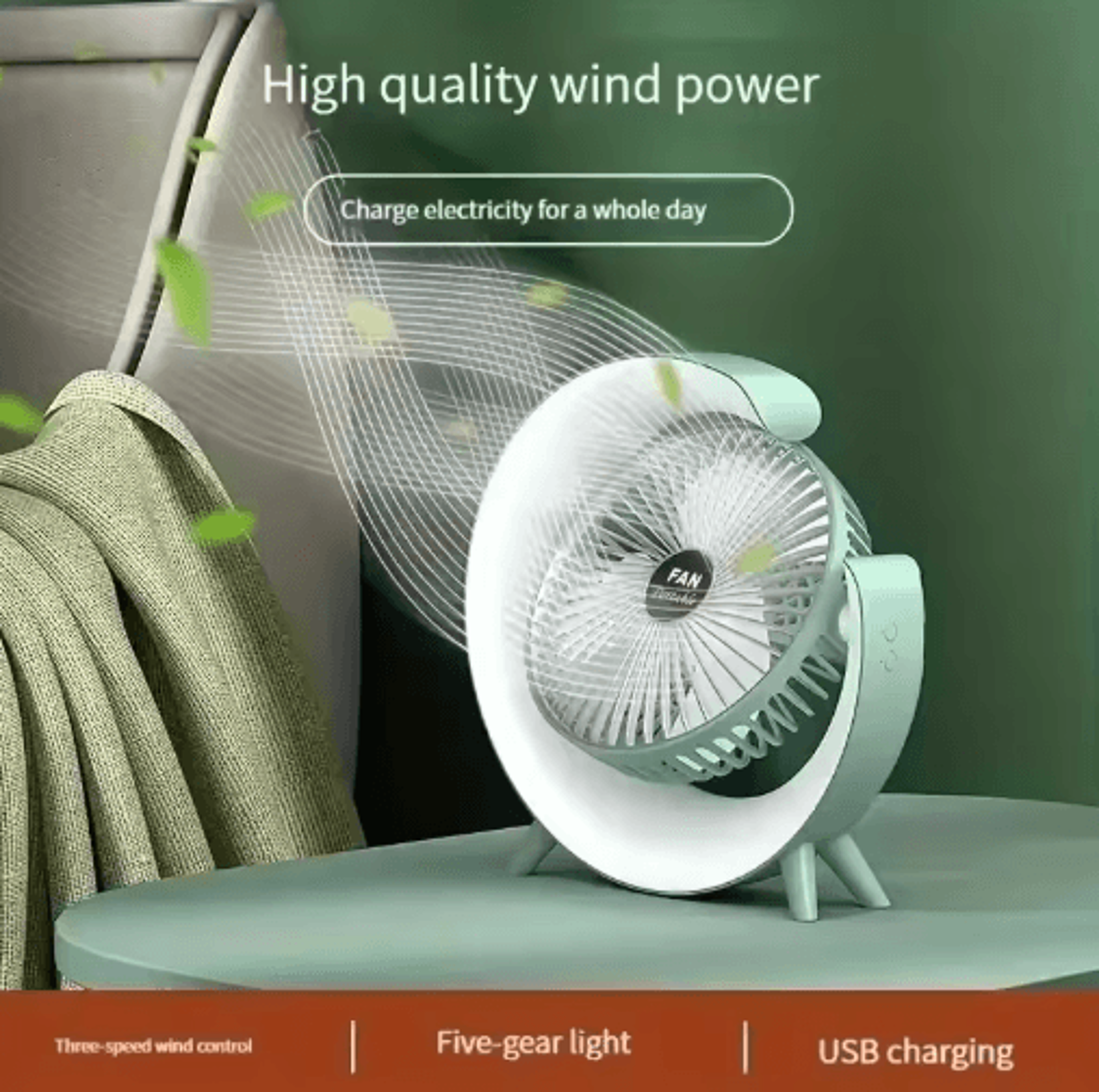 Portable USB Desk Fan With 180 Rotation  Colorful LED Light 5