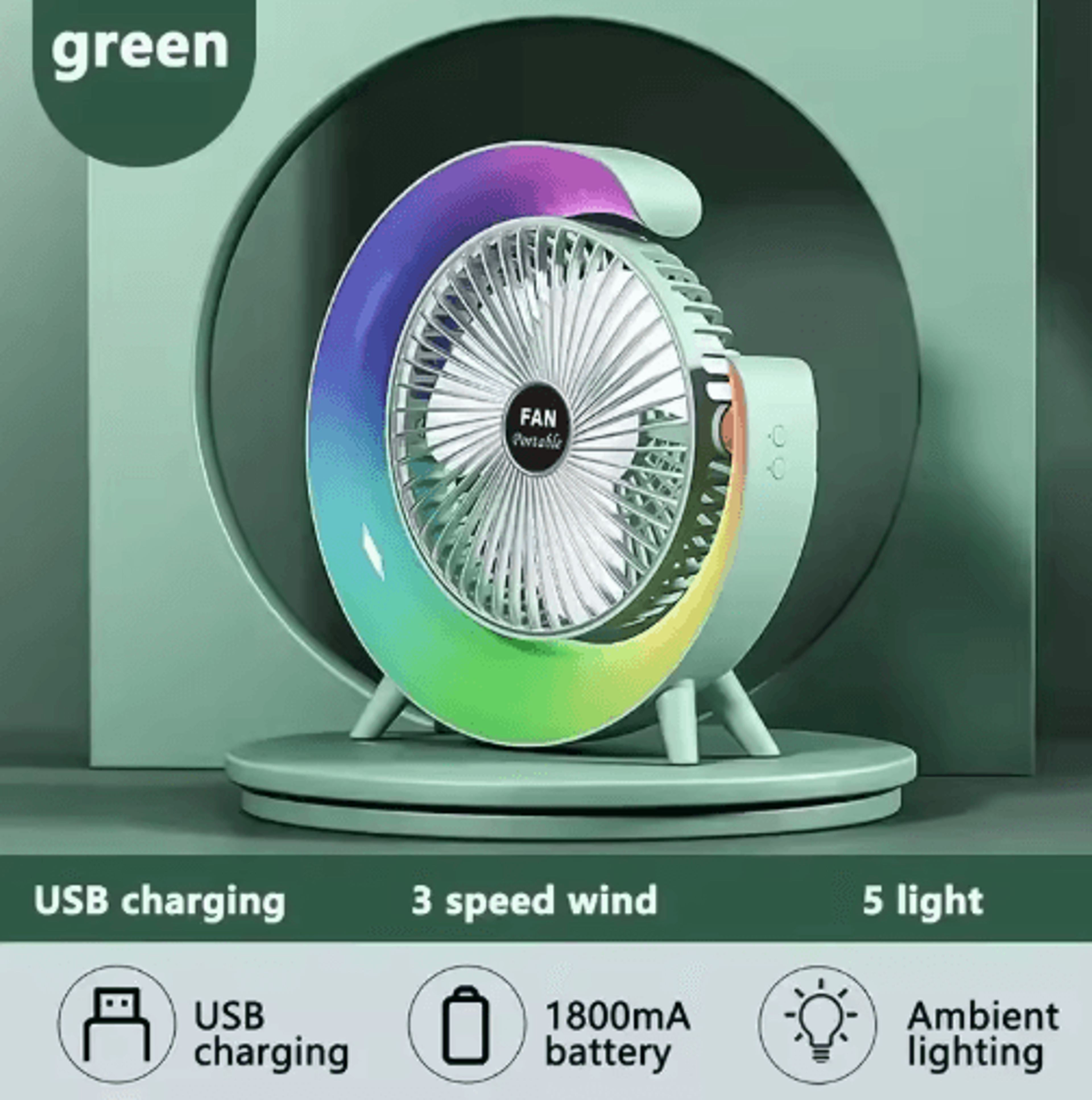 Portable USB Desk Fan With 180 Rotation  Colorful LED Light 8