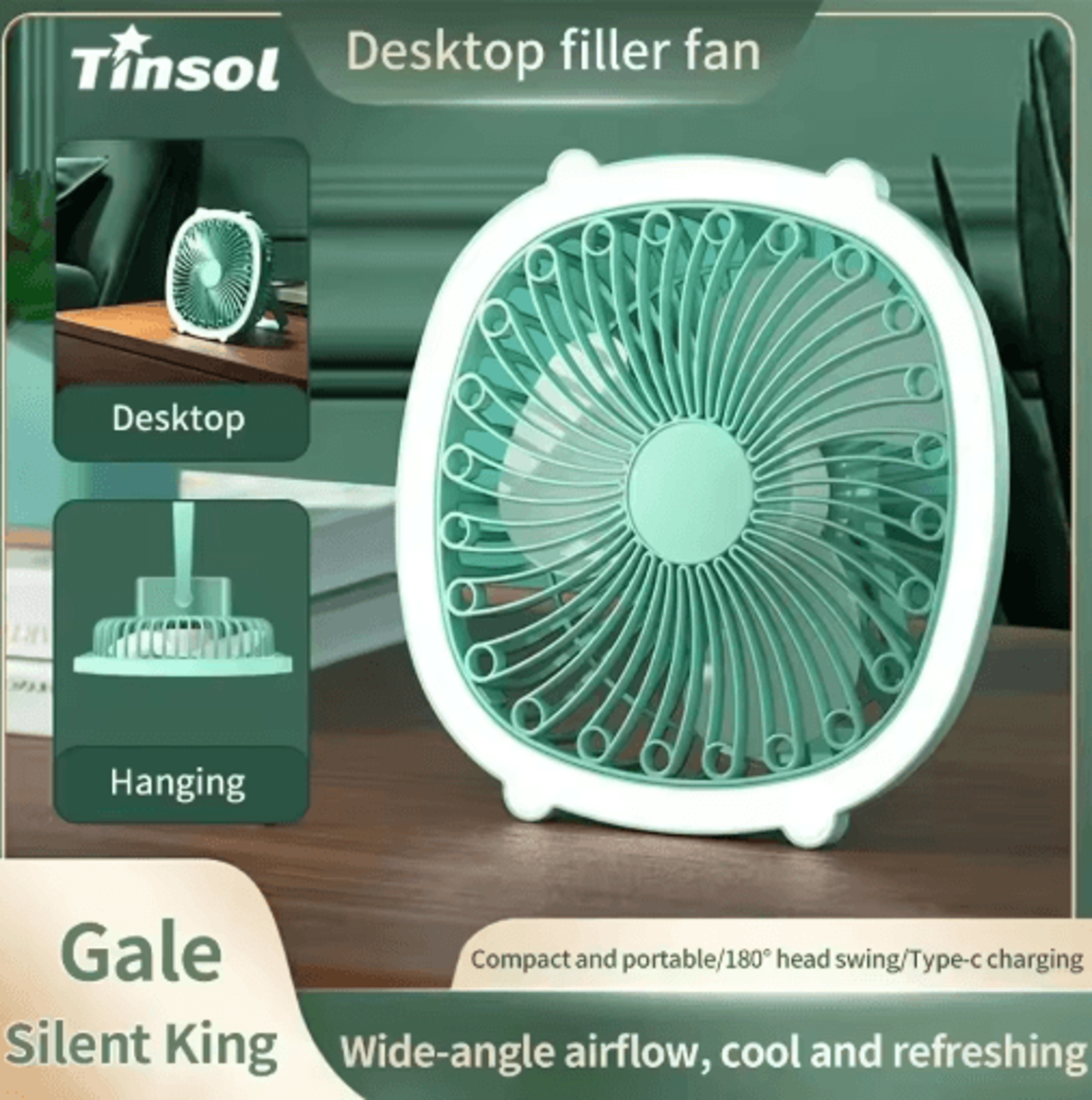 TINSOL LED Fan Light  USB Rechargeable Desktop Cooling Fan With Wide Angle Airflow 0