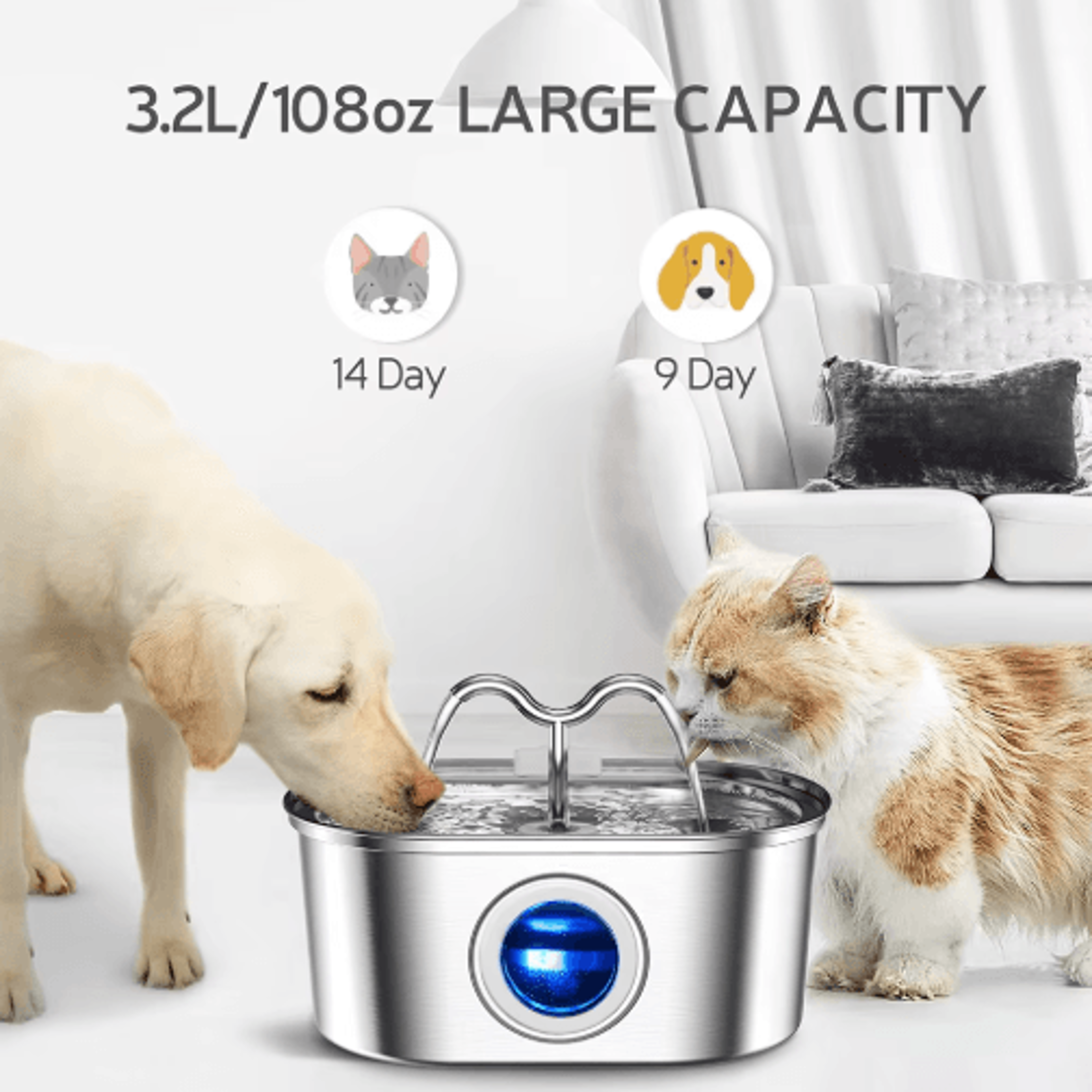 32L Stainless Steel Pet Water Fountain With LED  UltraQuiet Cat Water Fountain For Fresh Clean Hydr 5