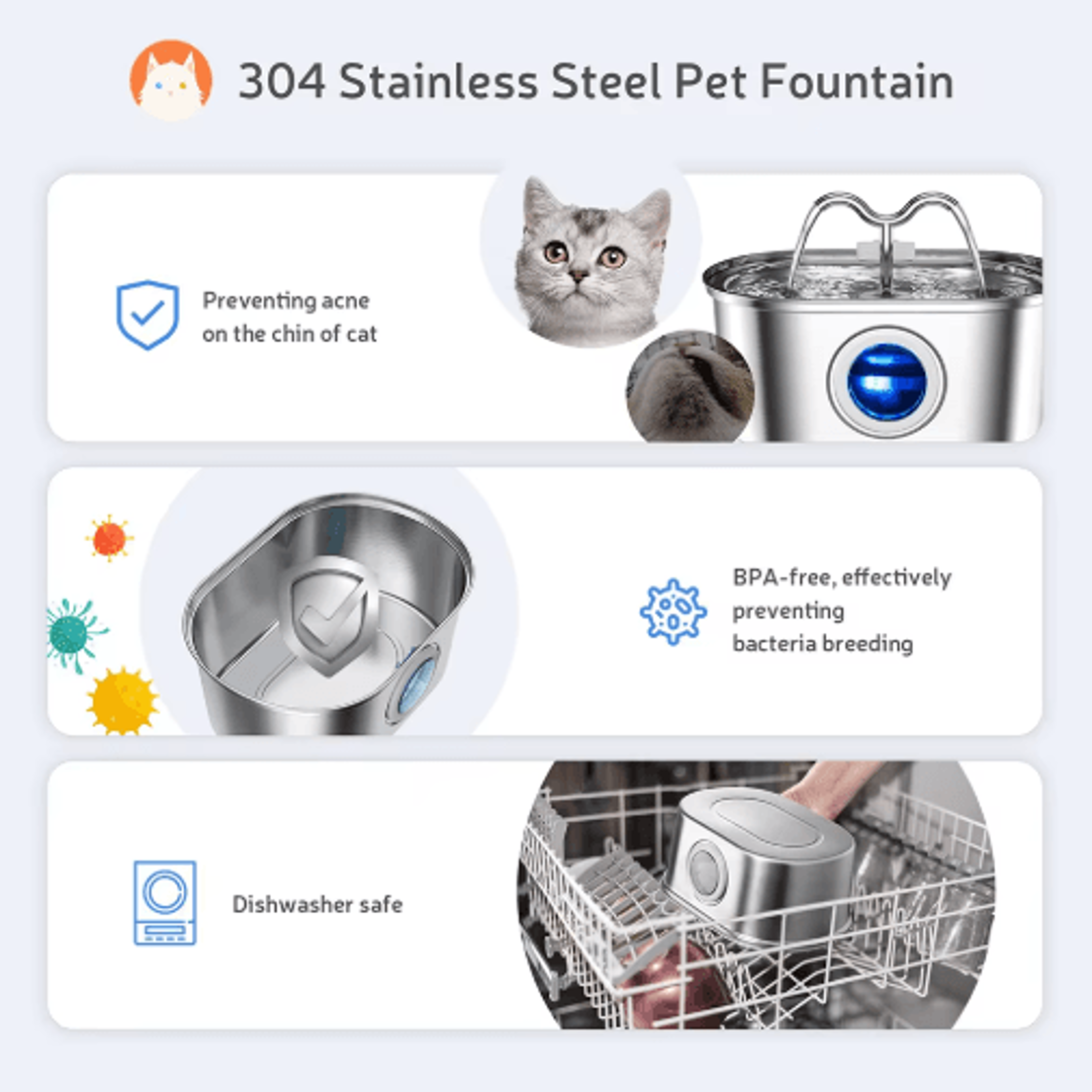 32L Stainless Steel Pet Water Fountain With LED  UltraQuiet Cat Water Fountain For Fresh Clean Hydr 7