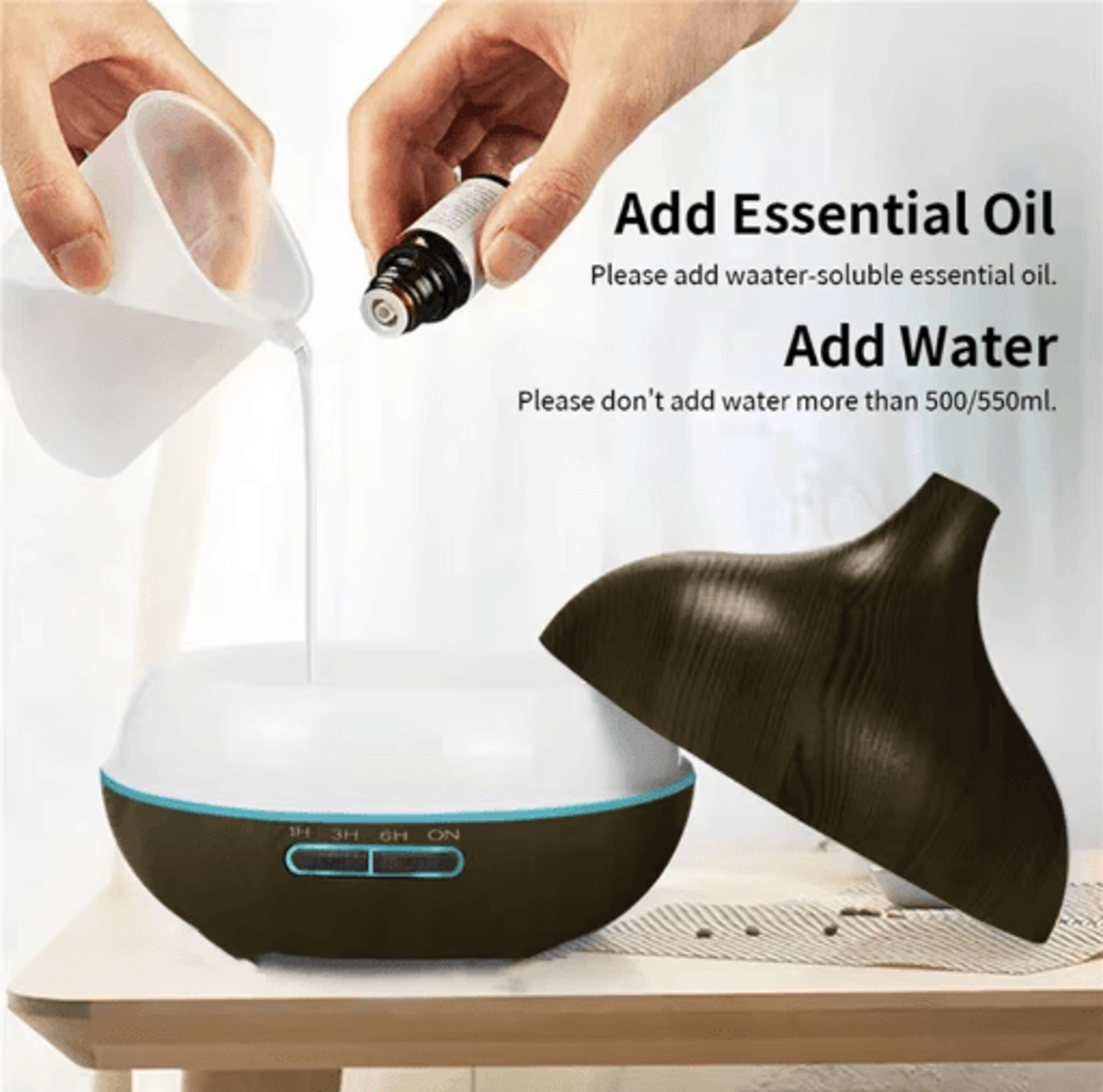 550ML Wood Grain Aroma Diffuser LED Essential Oil Diffuser With Remote  Color Lights 6