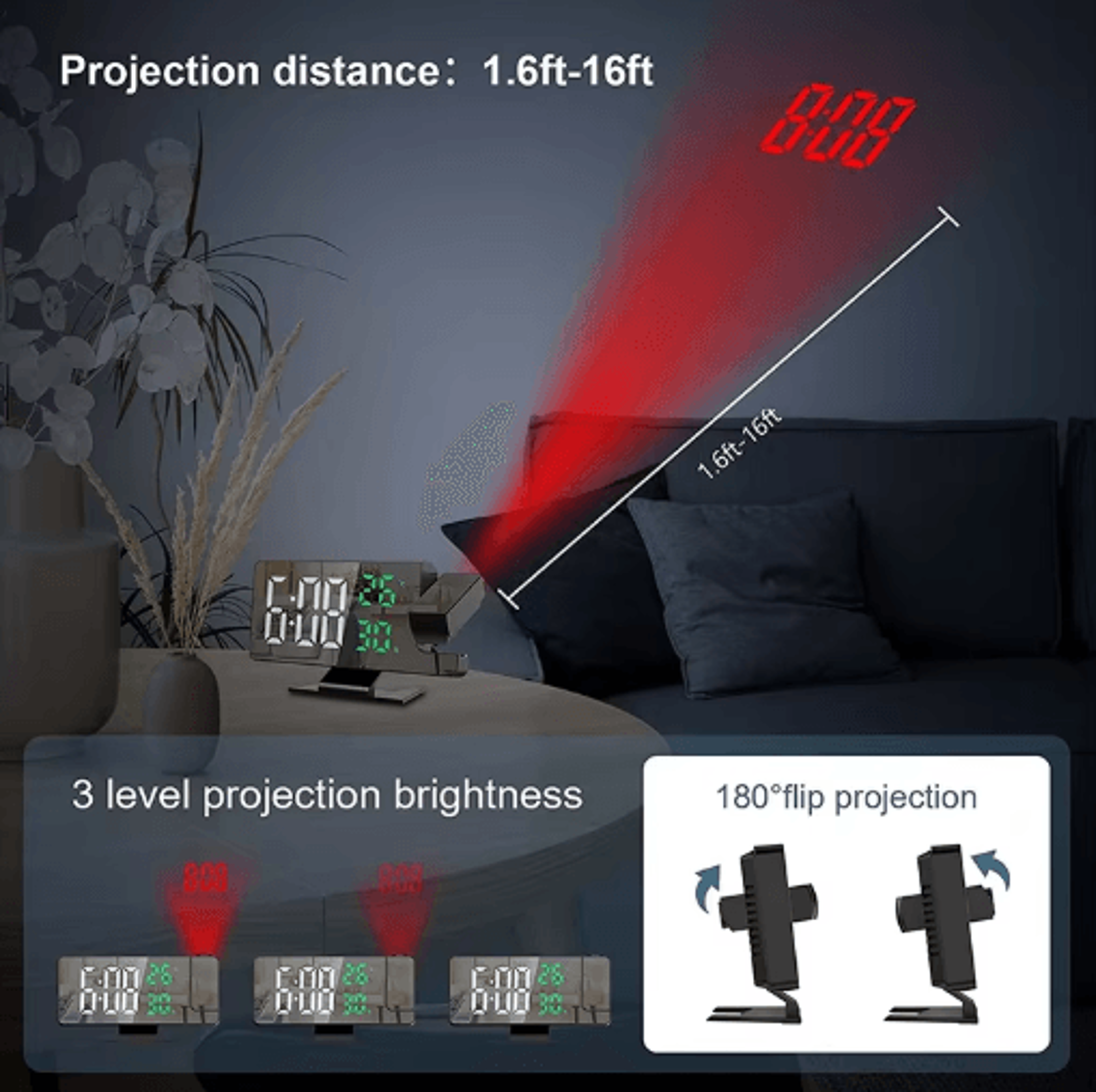 LED Digital Projection Alarm Clock  Ceiling Projector Clock With Temperature Display  Snooze 5