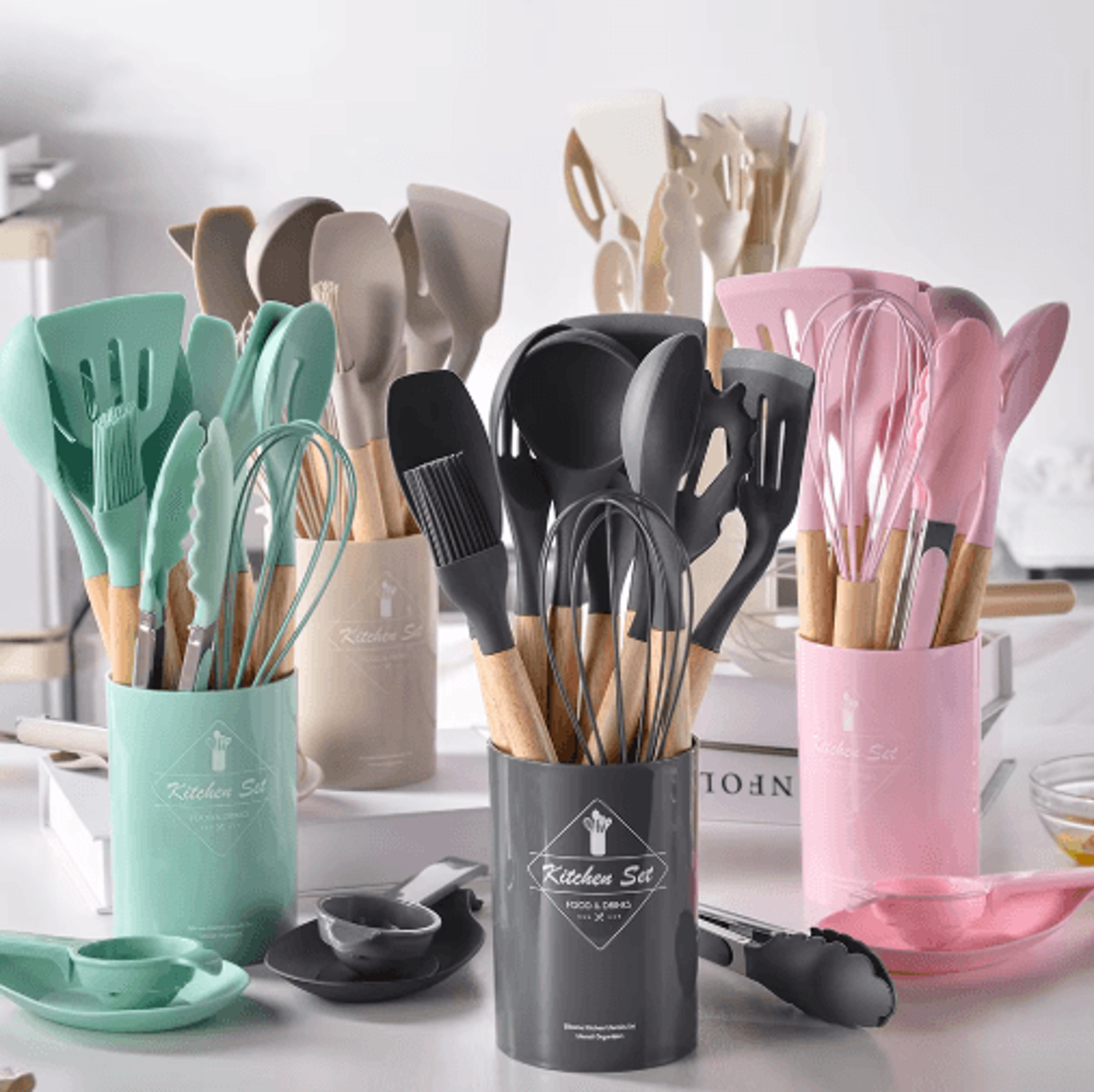 12Piece Silicone Kitchen Utensil Set  NonStick Cooking Tools With Wooden Handles 12