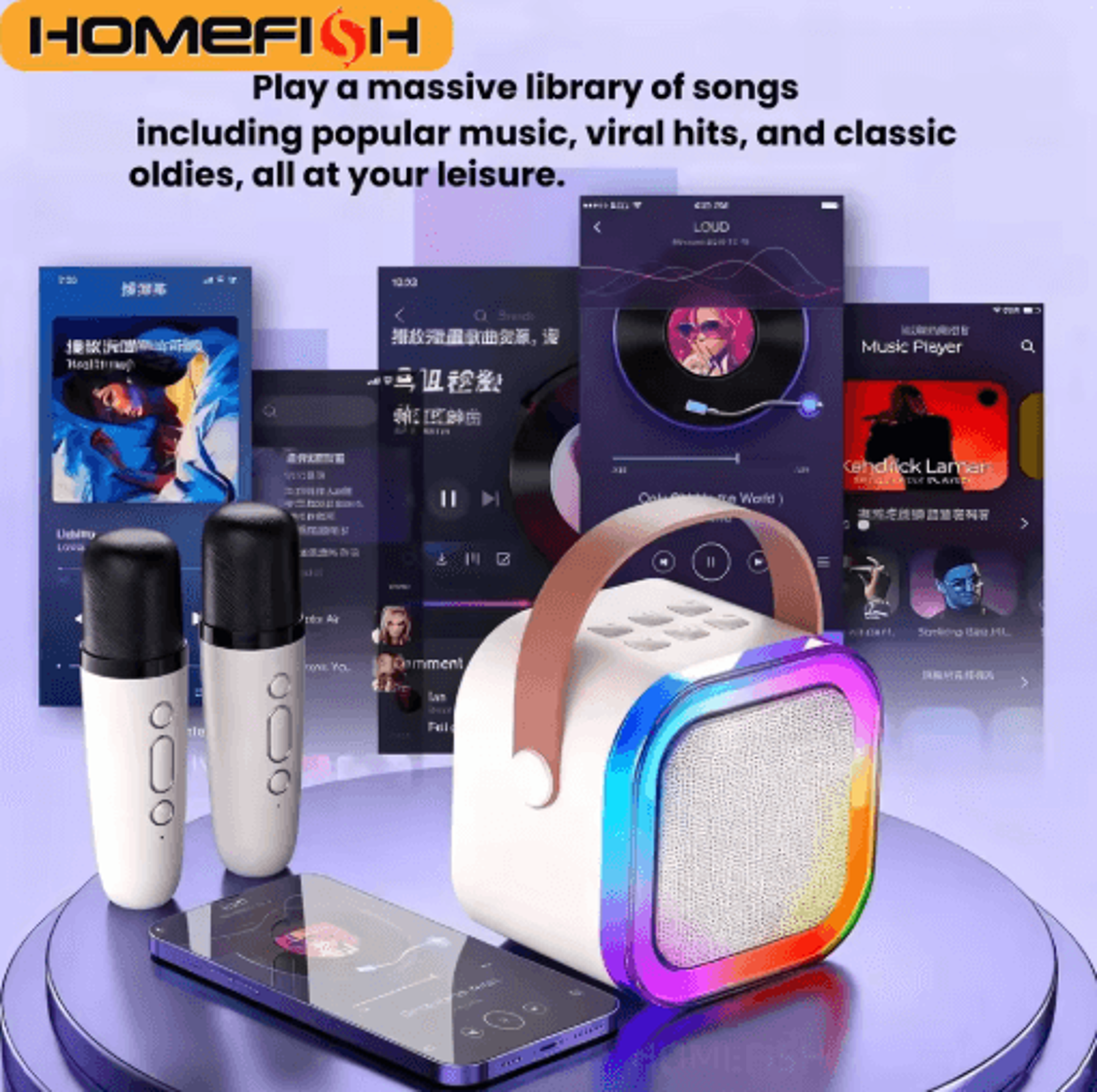 homefish k12 portable karaoke machine with wireless microphones & bluetooth speaker system