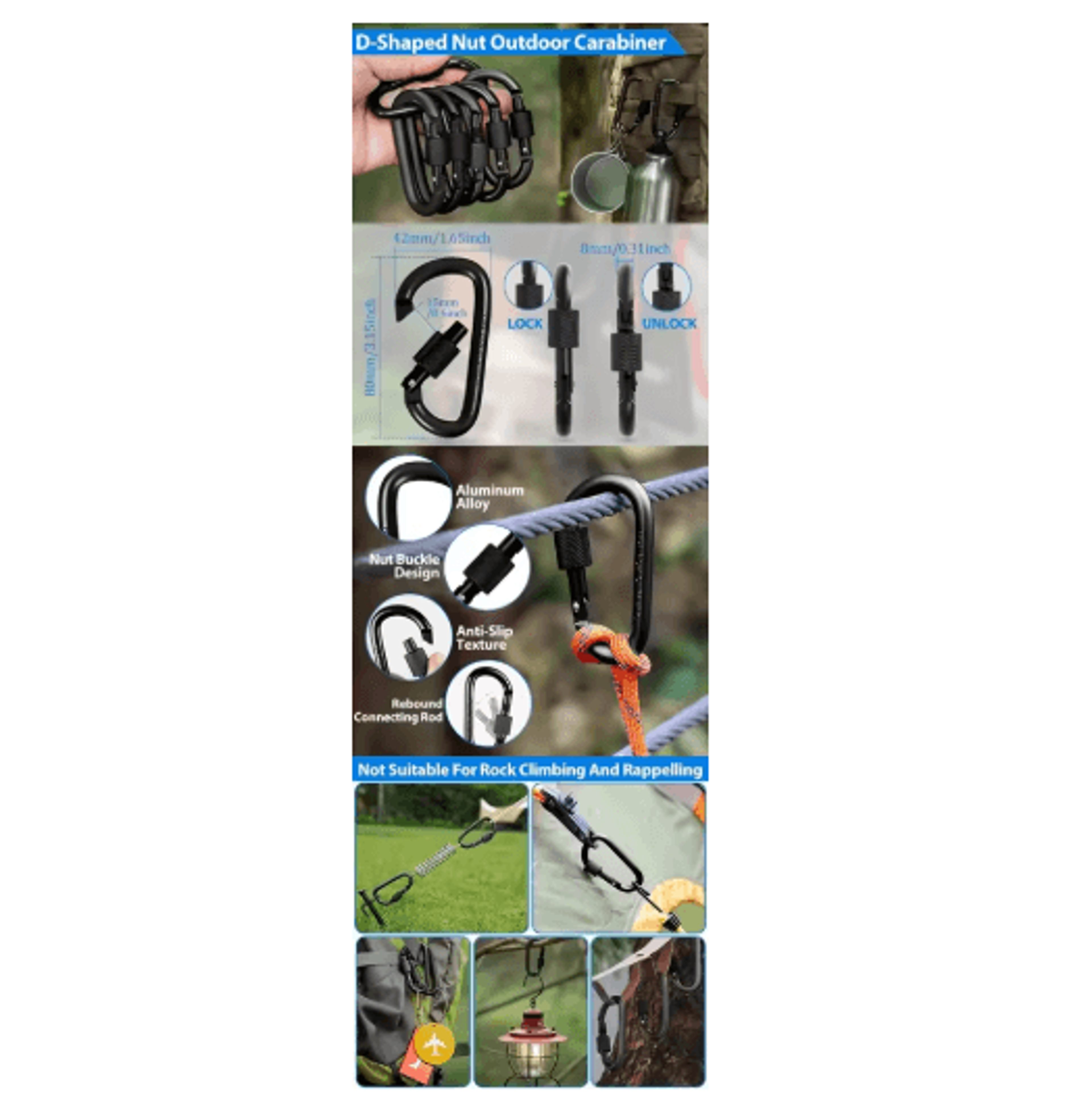 6pcs Carabiner Clips Set Durable Spring Snap Hooks For Outdoor  Everyday Use 3