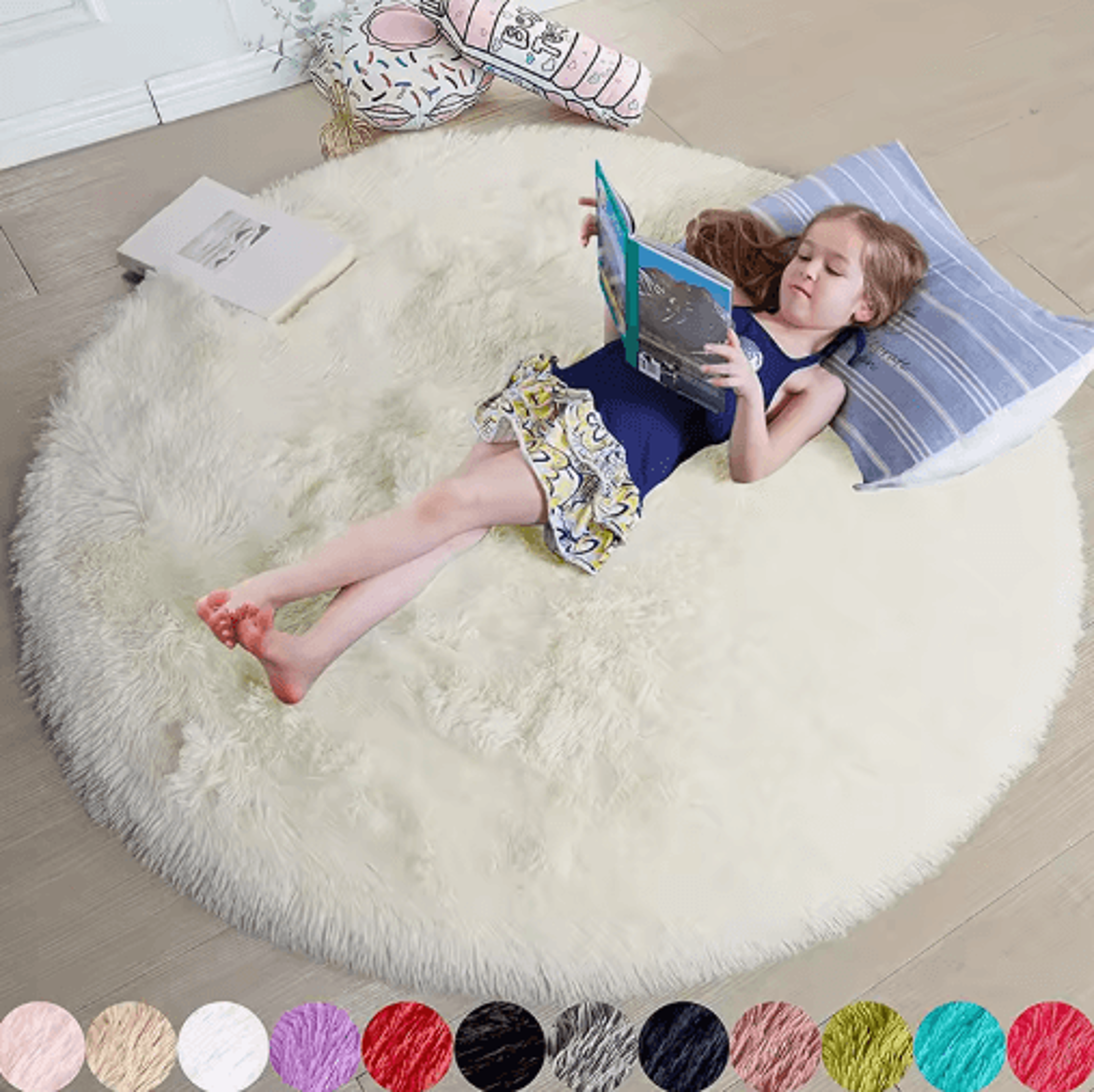 fluffy round rug – soft shaggy bedroom & nursery play mat