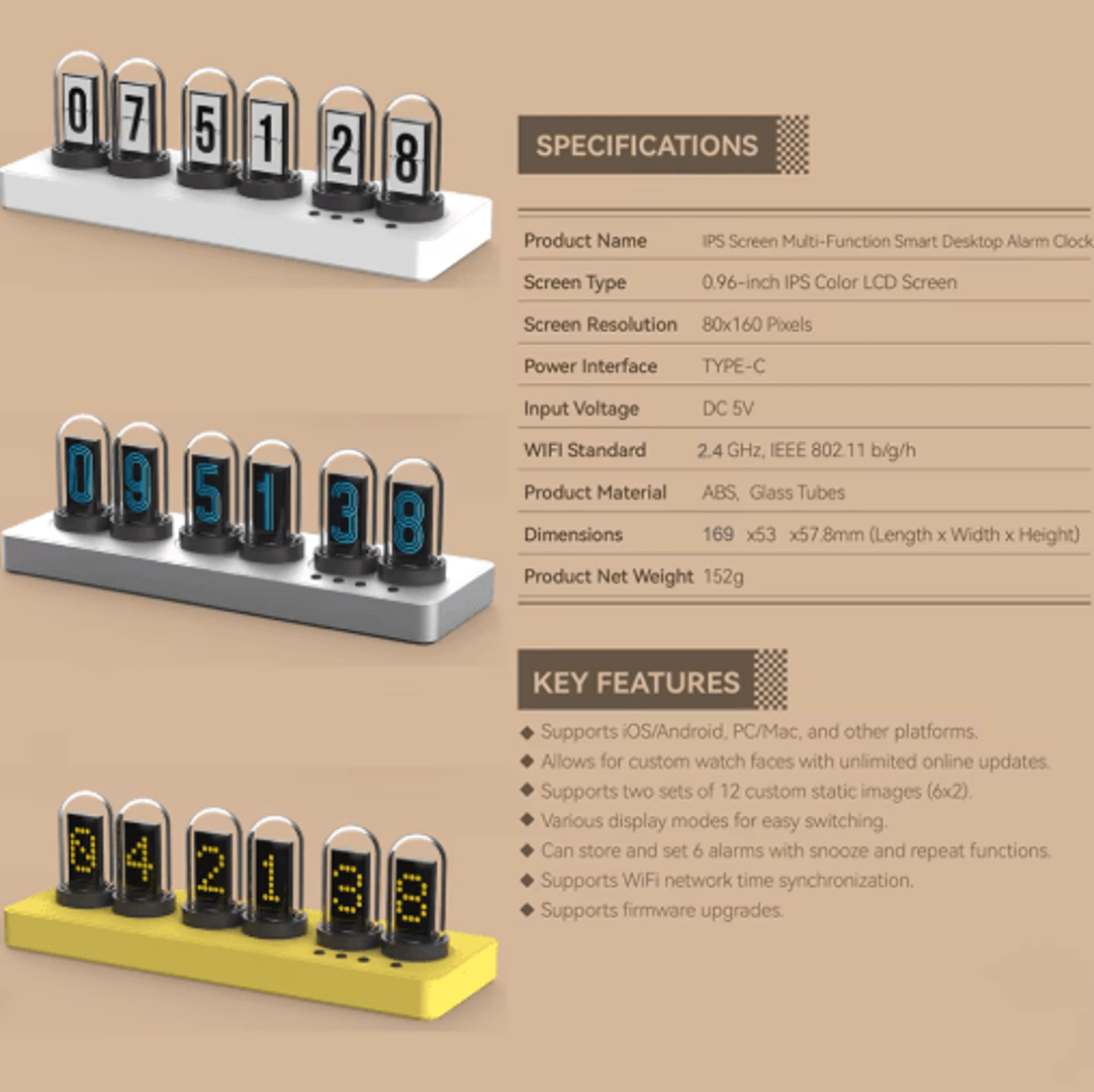 WiFi RGB Nixie Tube Clock  Smart IPS Display Alarm Clock For Gaming Rooms 4