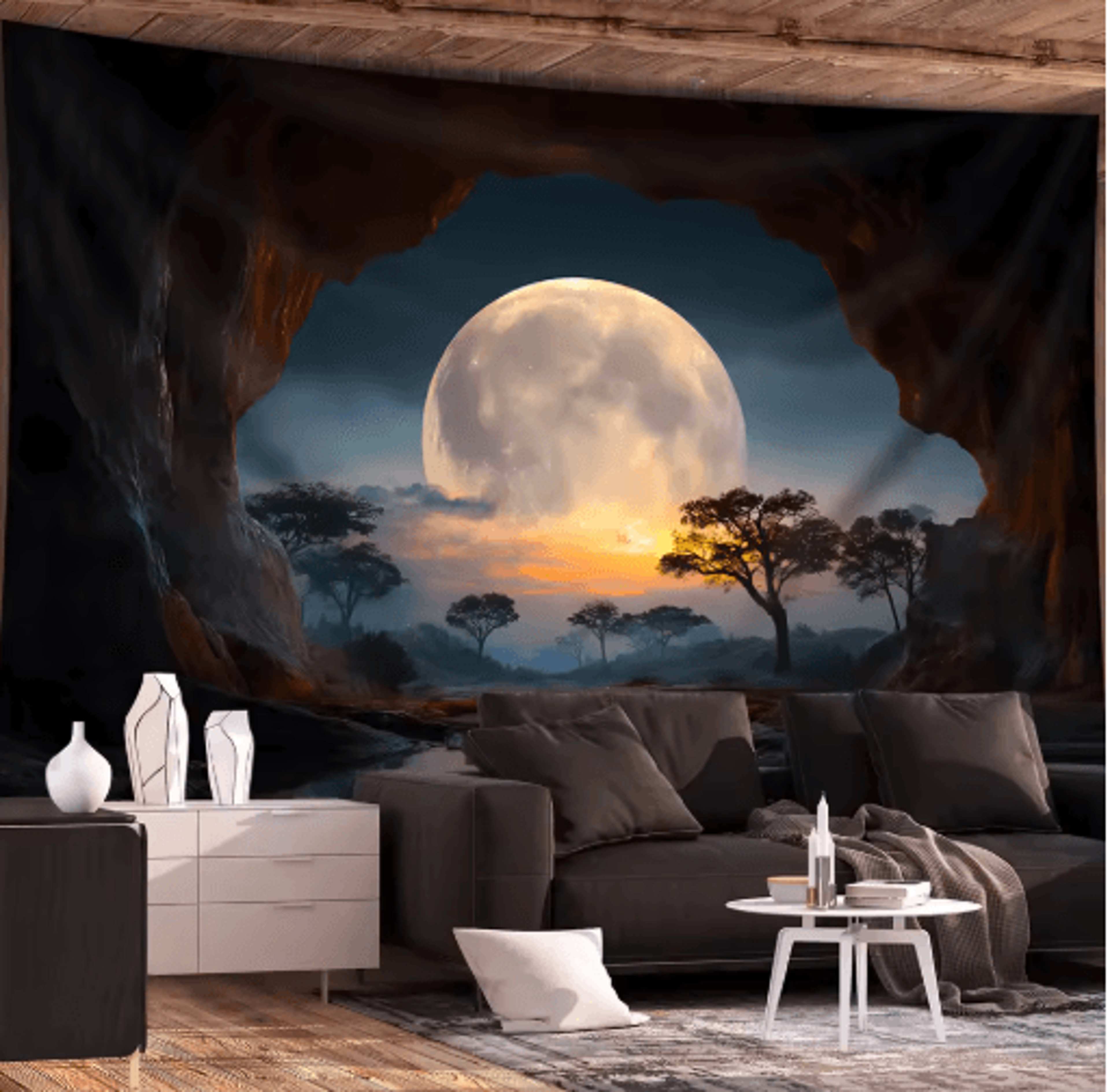 Forest Moon Tapestry Tranquil Cave Scenery Boho Wall Hanging For Bedroom  Living Room 3
