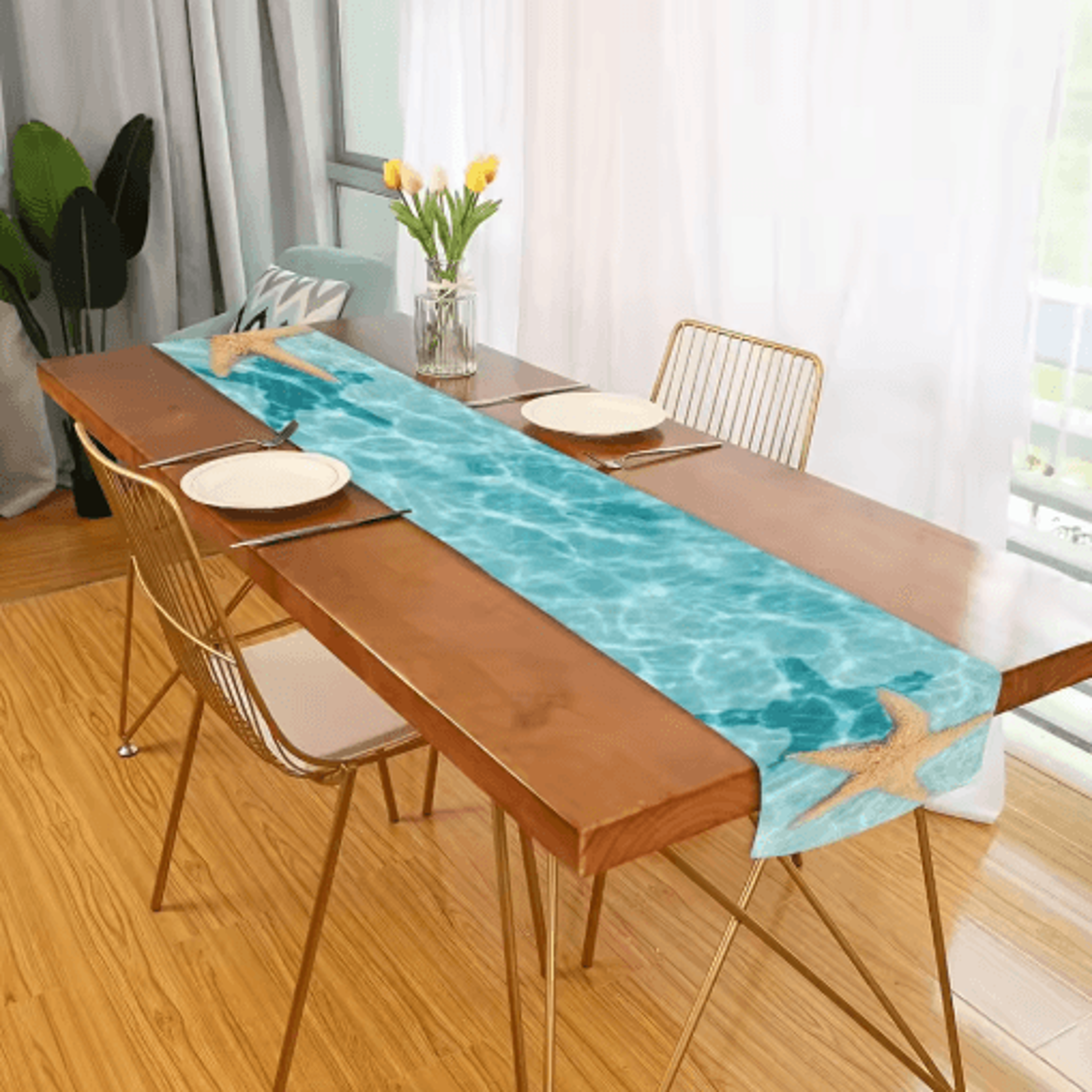 Watercolor Starfish Ocean Table Runner  Coastal Linen Table Decor For Dining  Parties 3