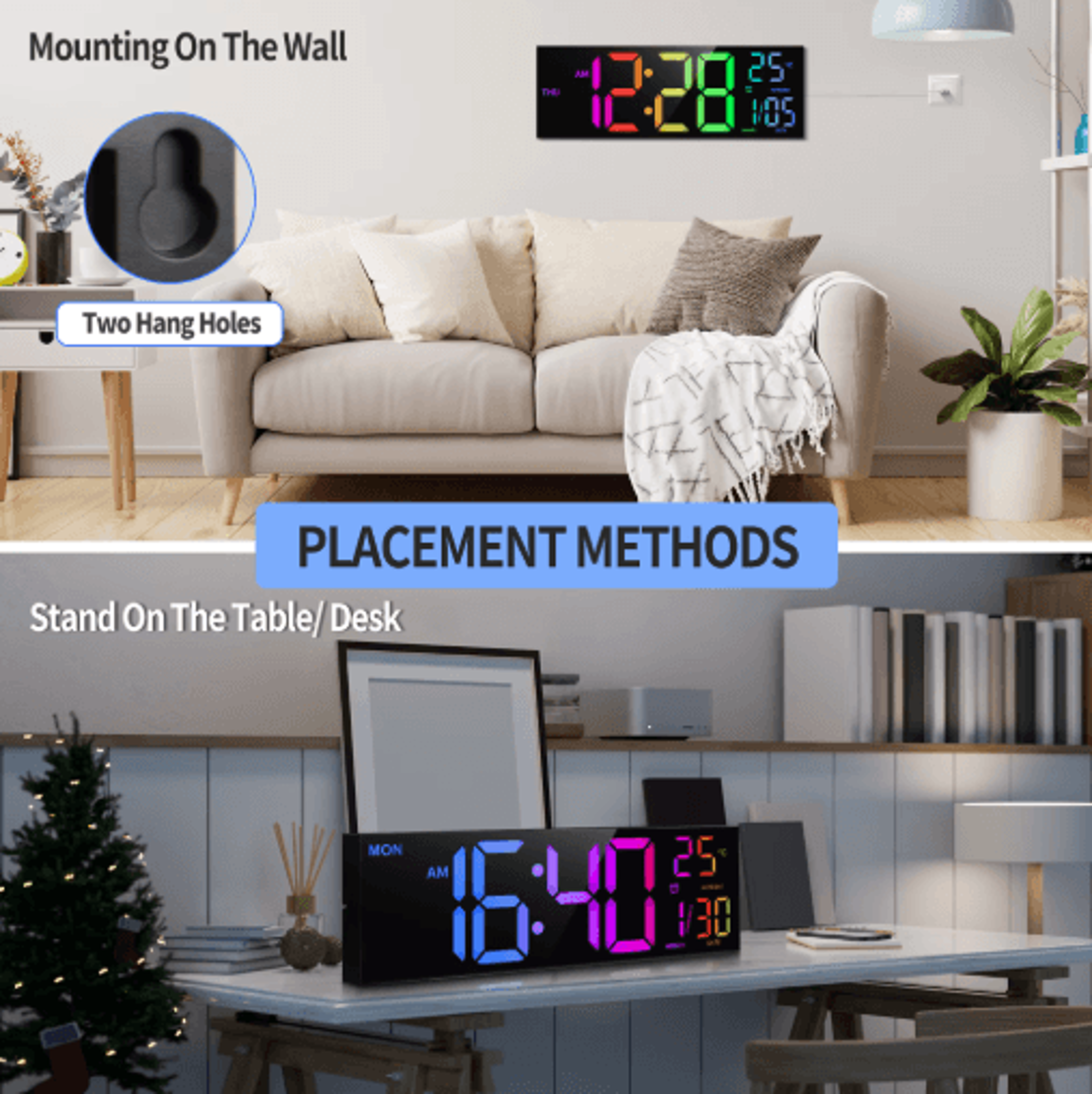 16 Large LED Digital Wall Clock RGB Display With Remote  Temperature 3