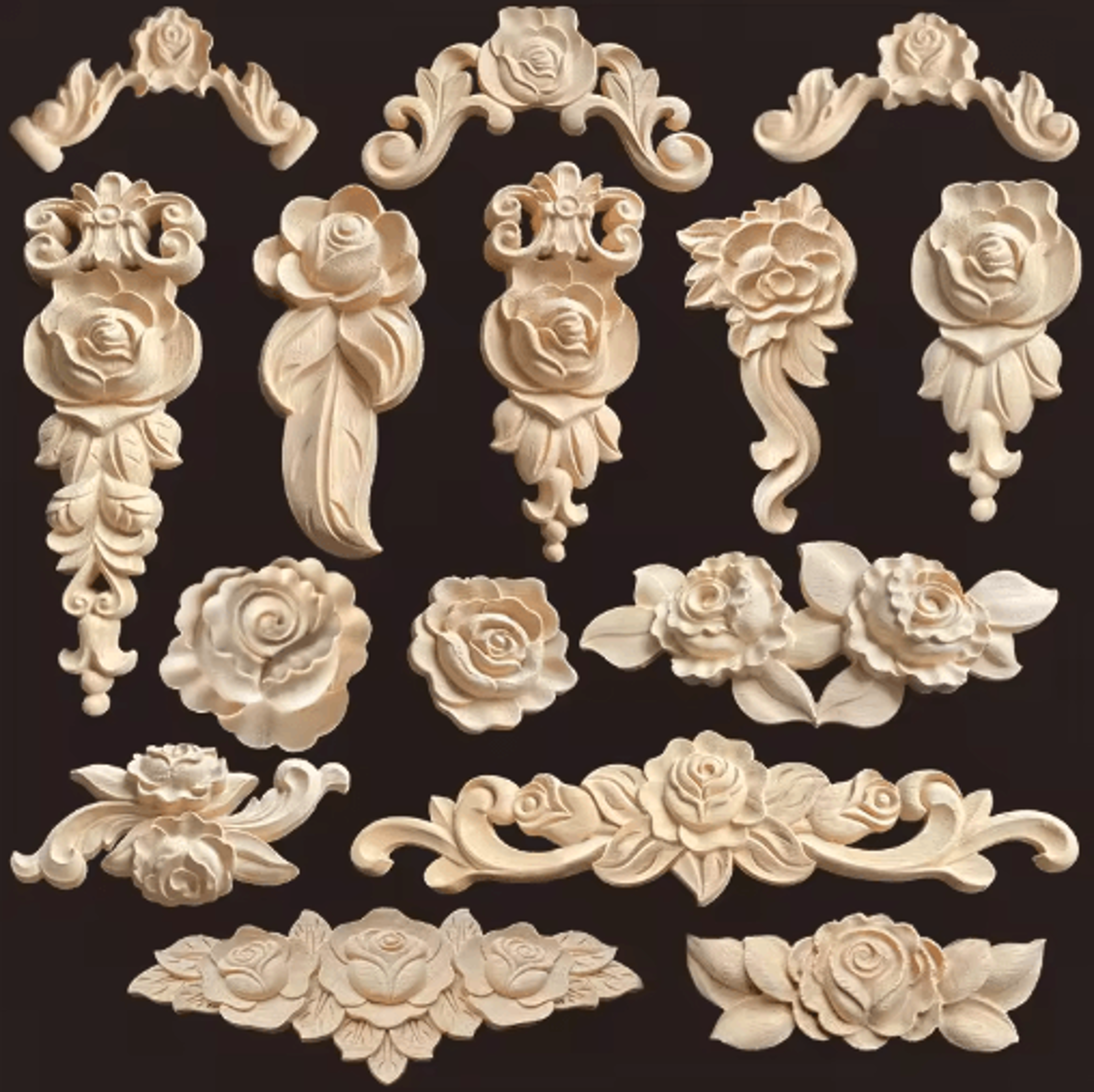 vintage rose wood carving appliques decorative furniture onlays set