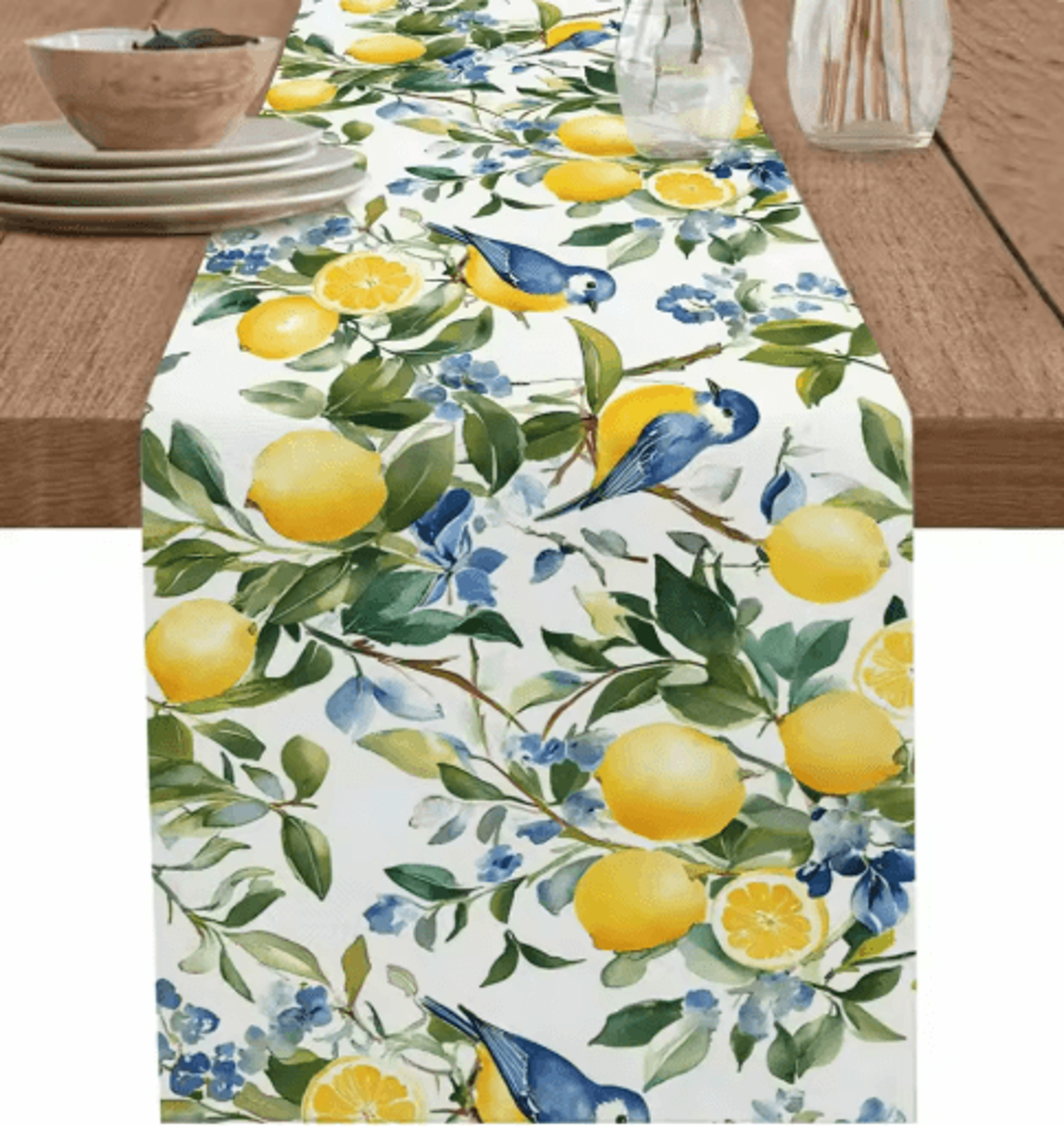 Lemon Tree Linen Table Runner With Blue Birds Vintage Floral Holiday Table Decor 1