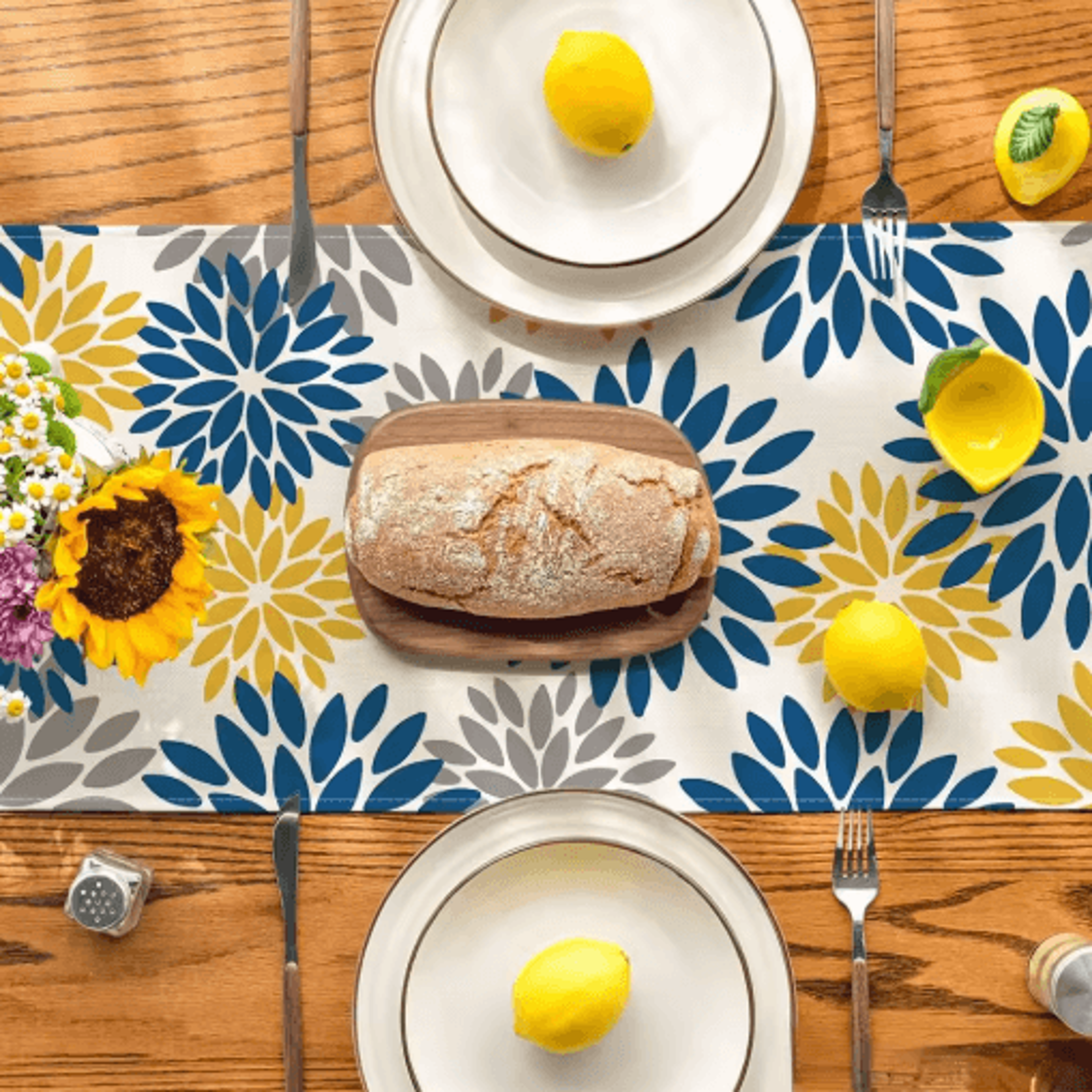 Blue Dahlia Floral Linen Table Runner Elegant Spring  Summer Table Decor 10