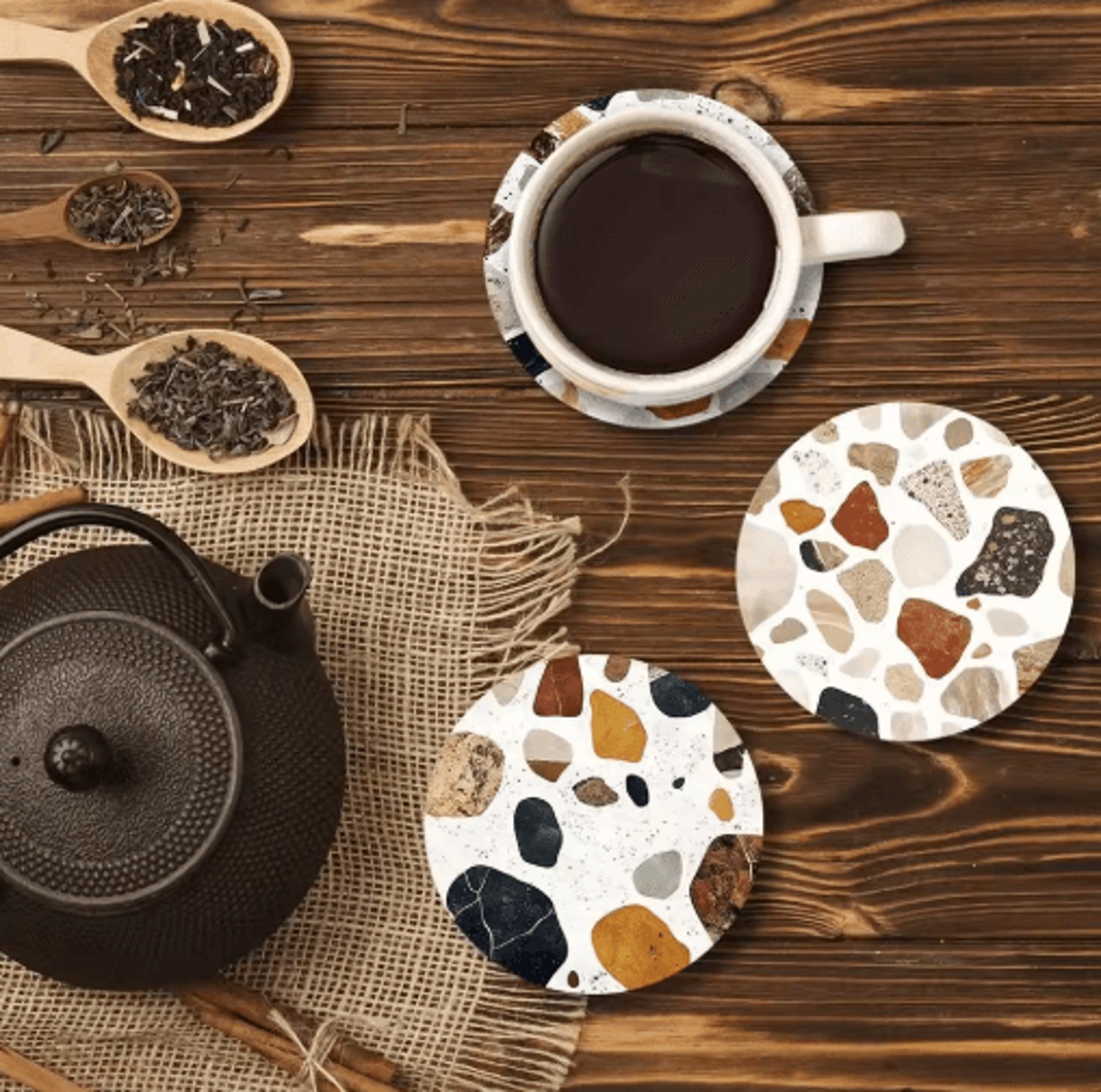 6Piece Wooden Coasters Set  Stone Pattern Coffee Cup Coasters For Stylish Table Protection 4