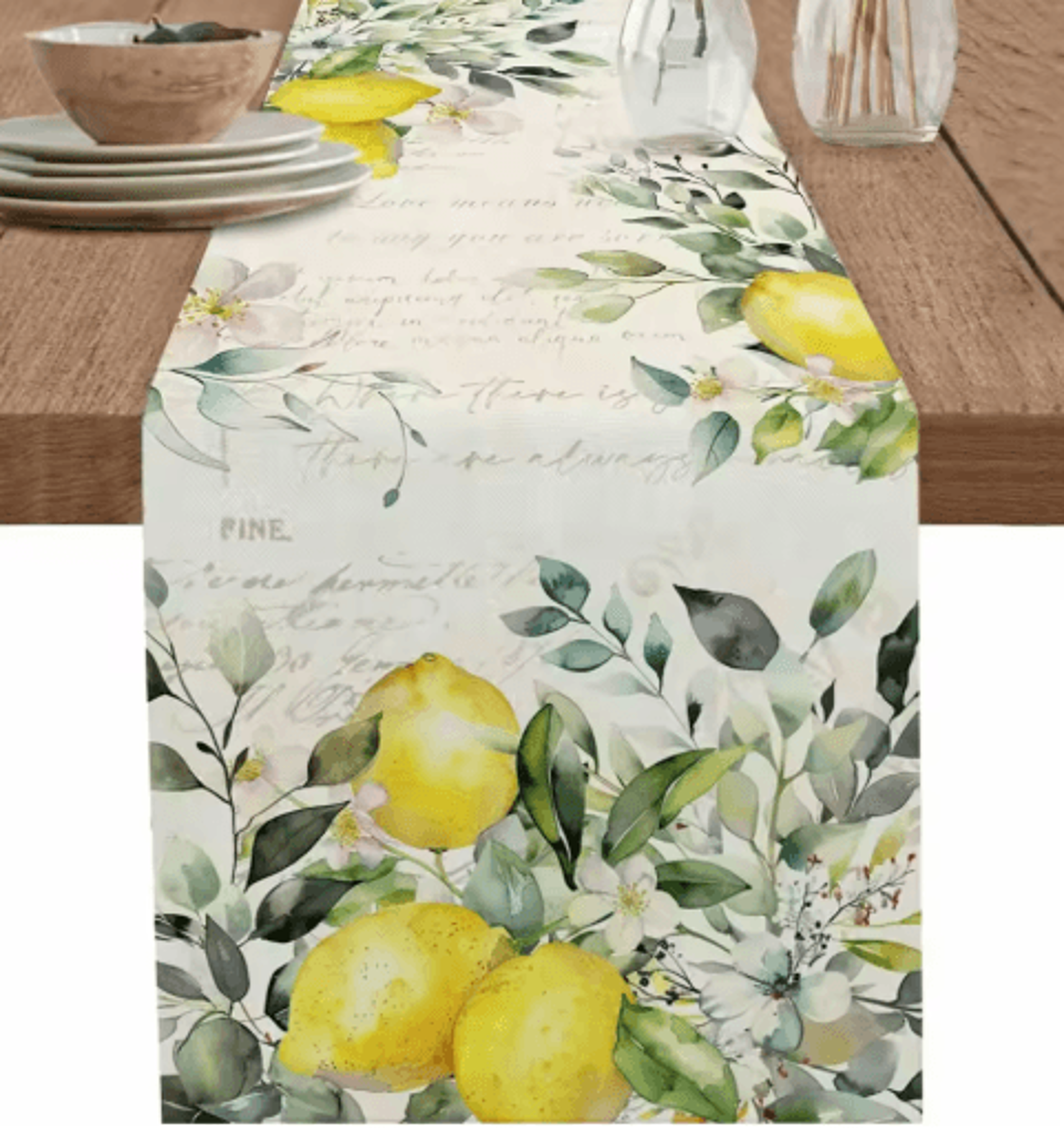 Eucalyptus  Lemon Linen Table Runner  Fresh Floral Spring Farmhouse Table Decor 1