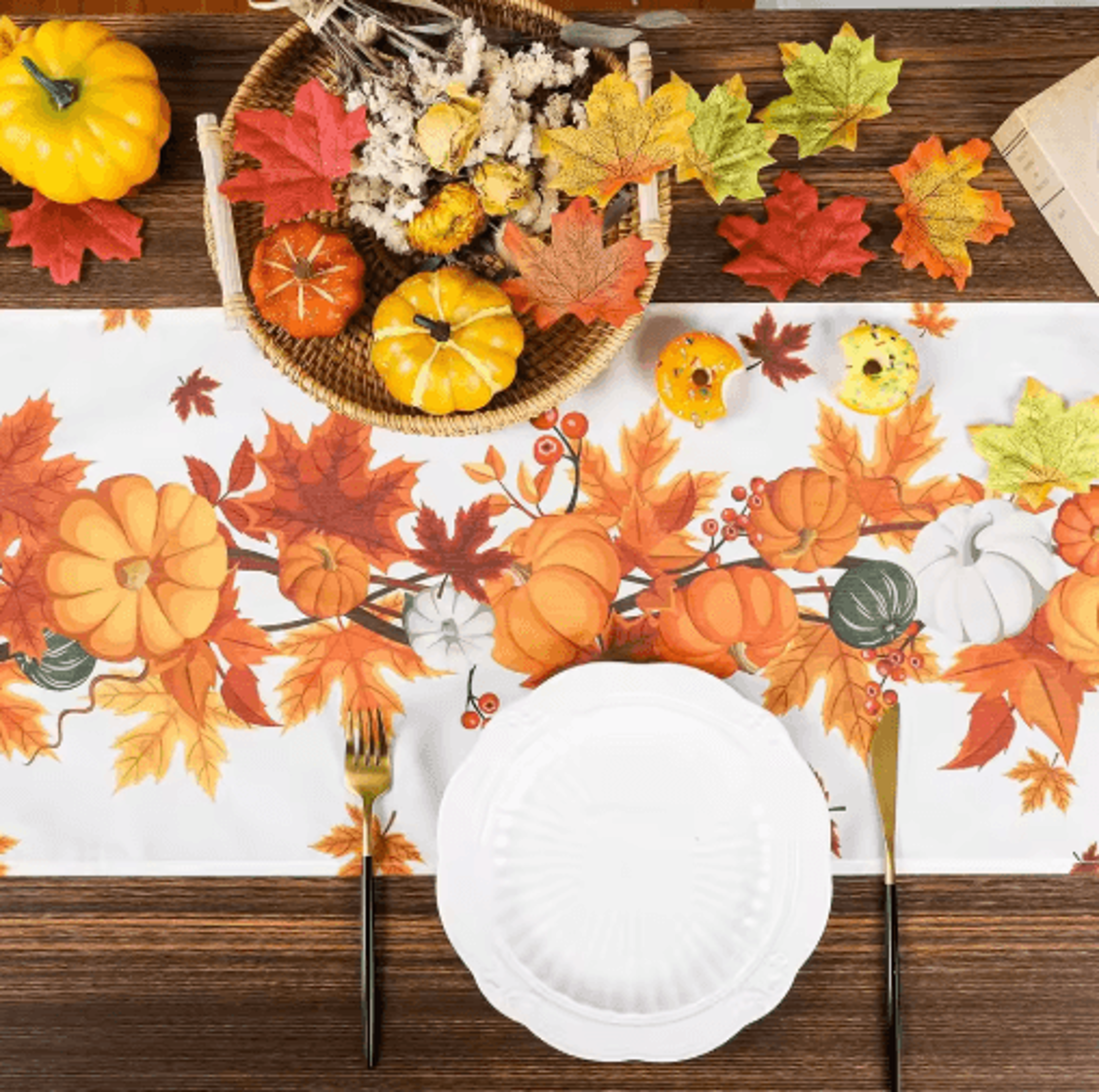 Thanksgiving Pumpkin Linen Table Runner  Autumn Harvest Maple Leaf Table Decor 0
