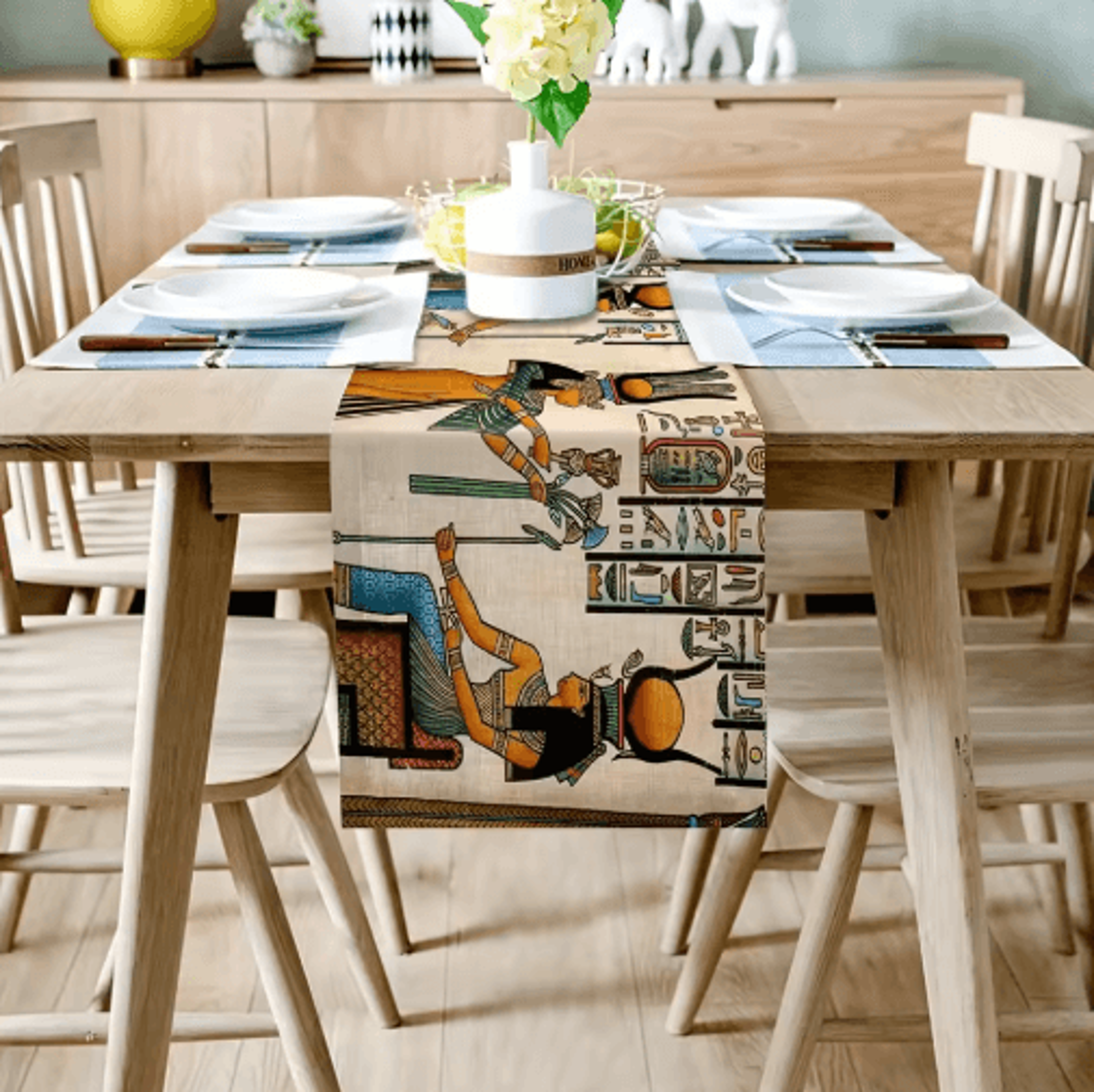 Ancient Egyptian Linen Table Runner  Ethnic Mural Boho Farmhouse Dining Decor 4