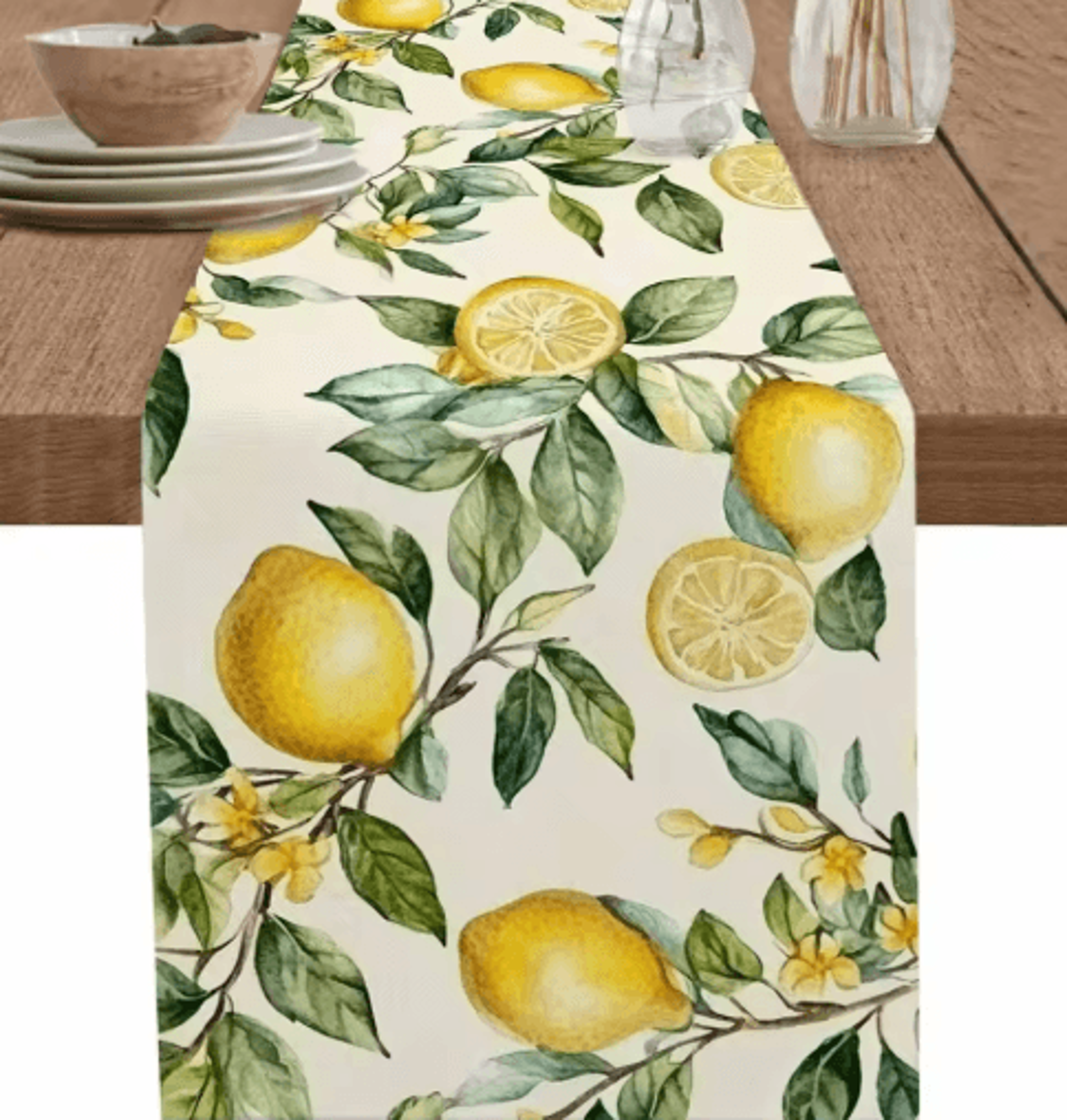Watercolor Lemon Linen Table Runner  Fresh Summer Floral Kitchen  Dining Decor 1