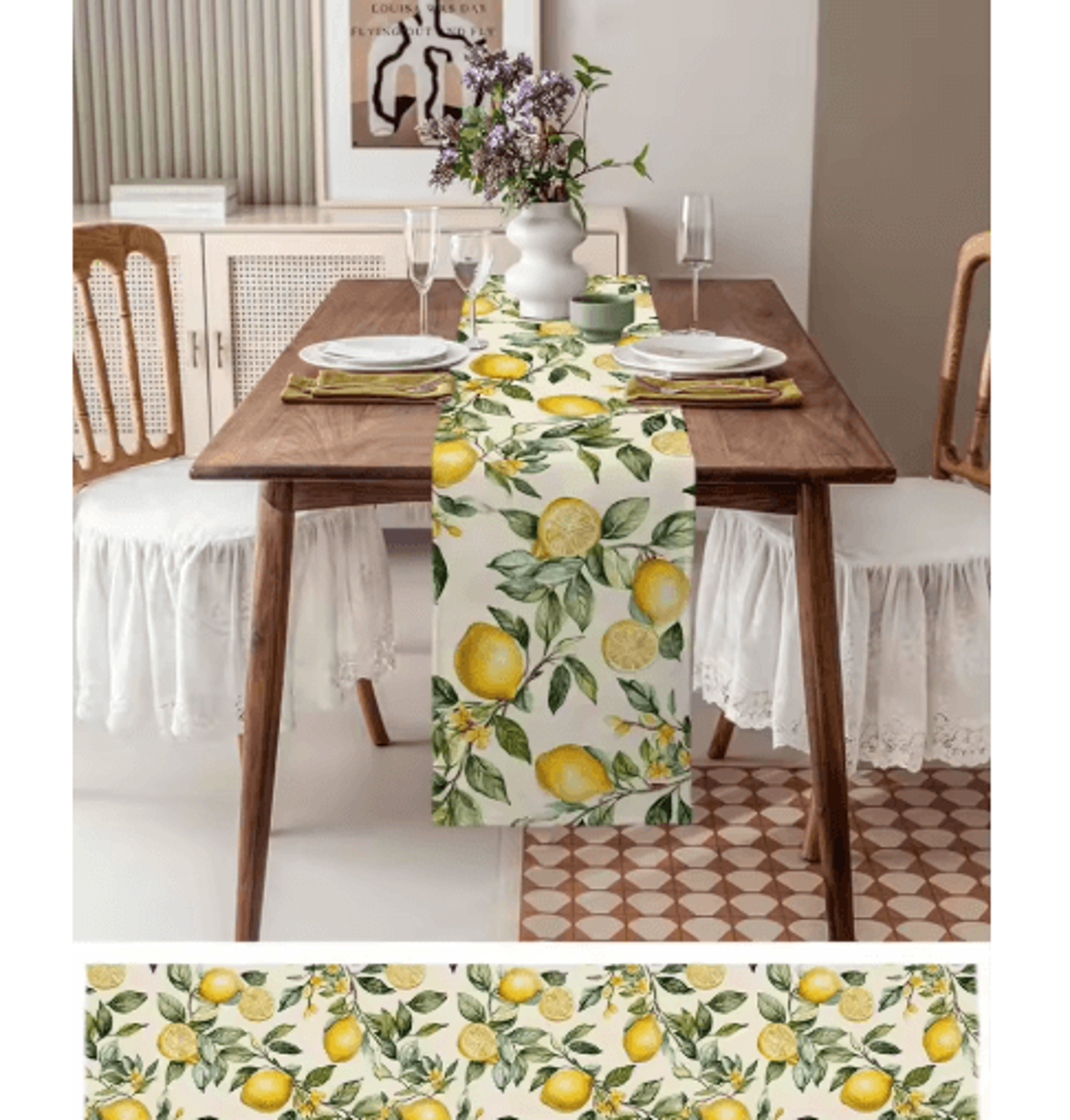 Watercolor Lemon Linen Table Runner  Fresh Summer Floral Kitchen  Dining Decor 4