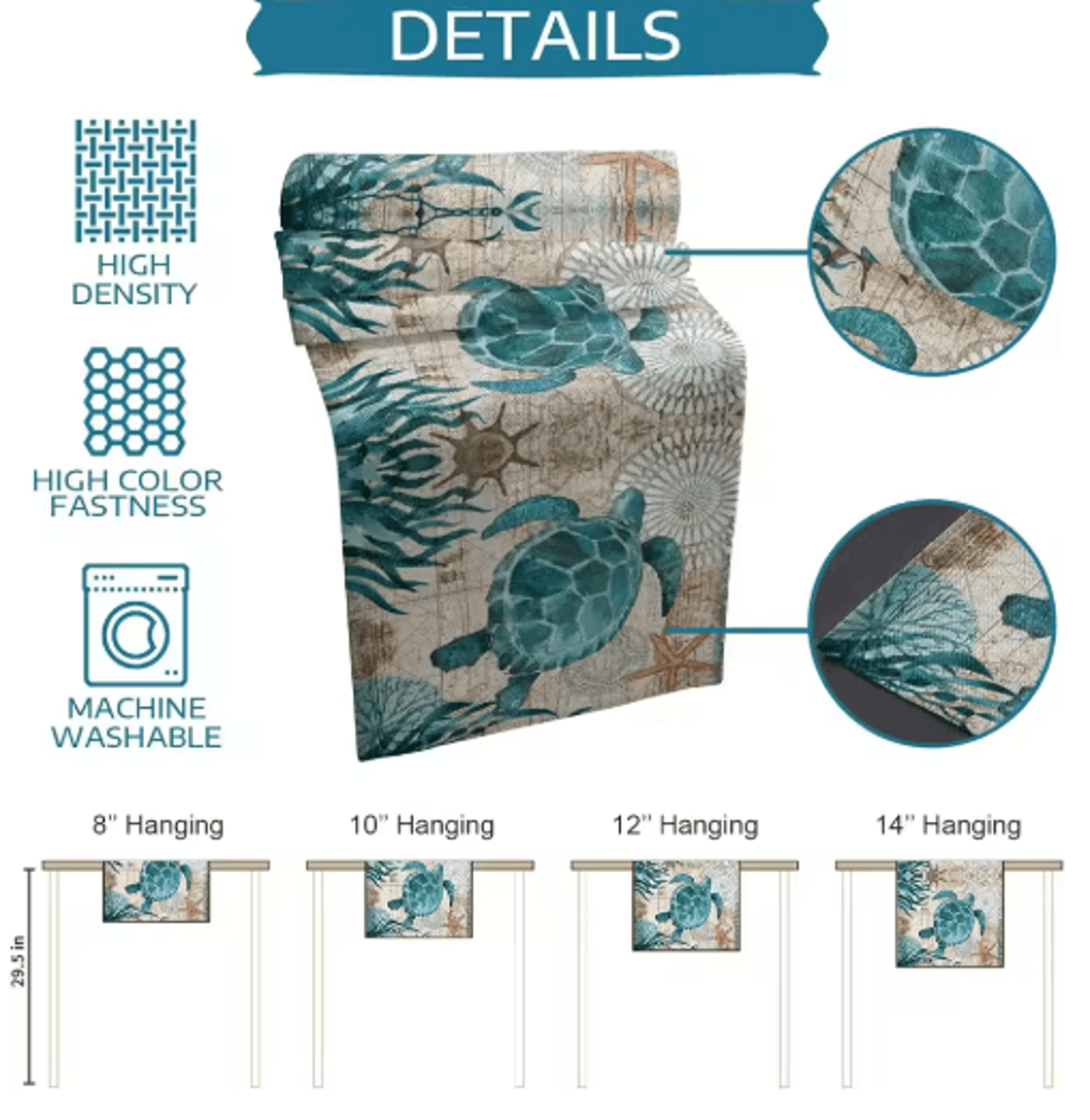 Nautical Sea Turtle  Starfish Linen Table Runner  Coastal Beach House Table Decor 2