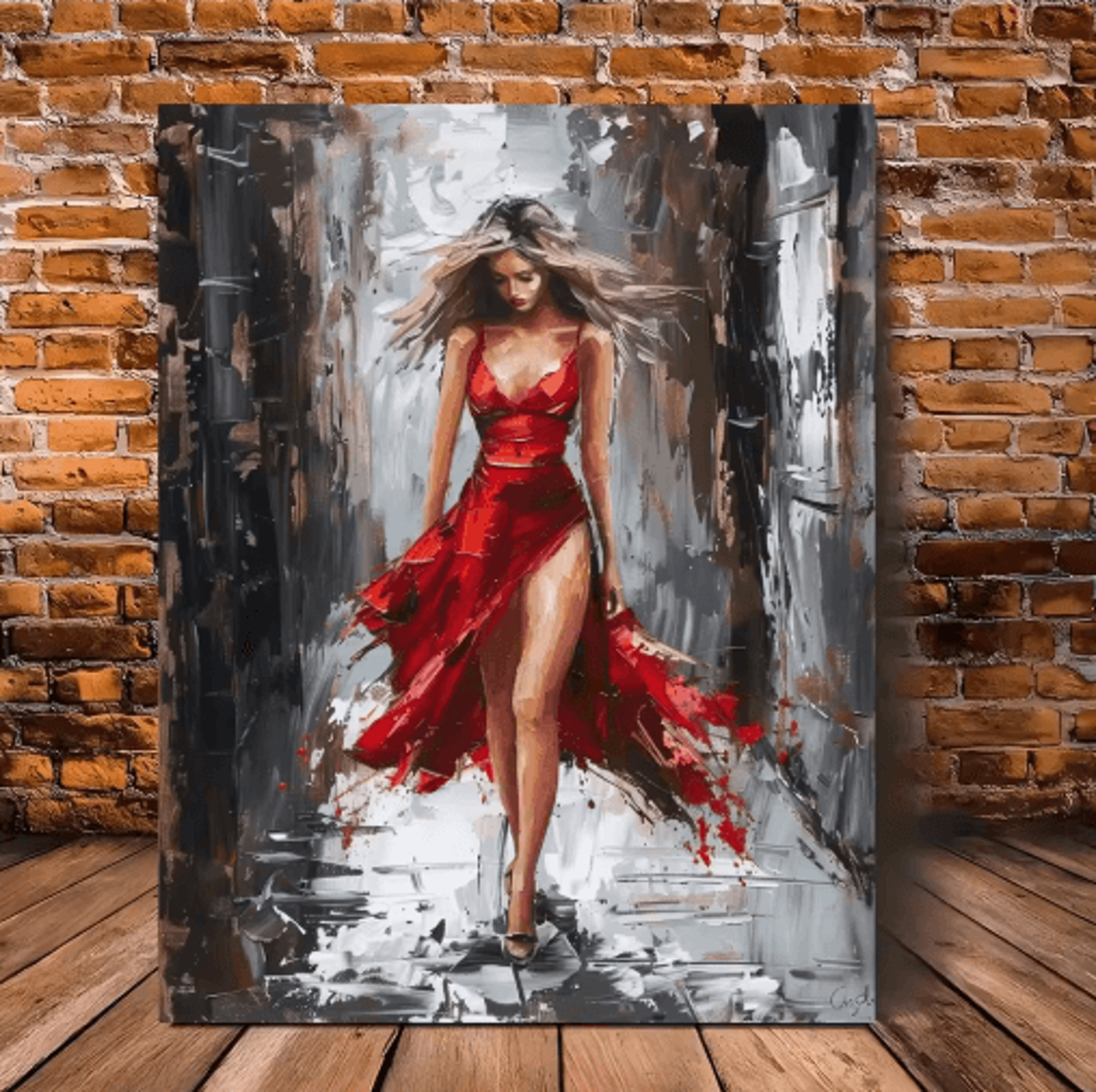 Elegant Woman In Red Dress Framed Canvas Oil Painting Vibrant Portrait Wall Art 5