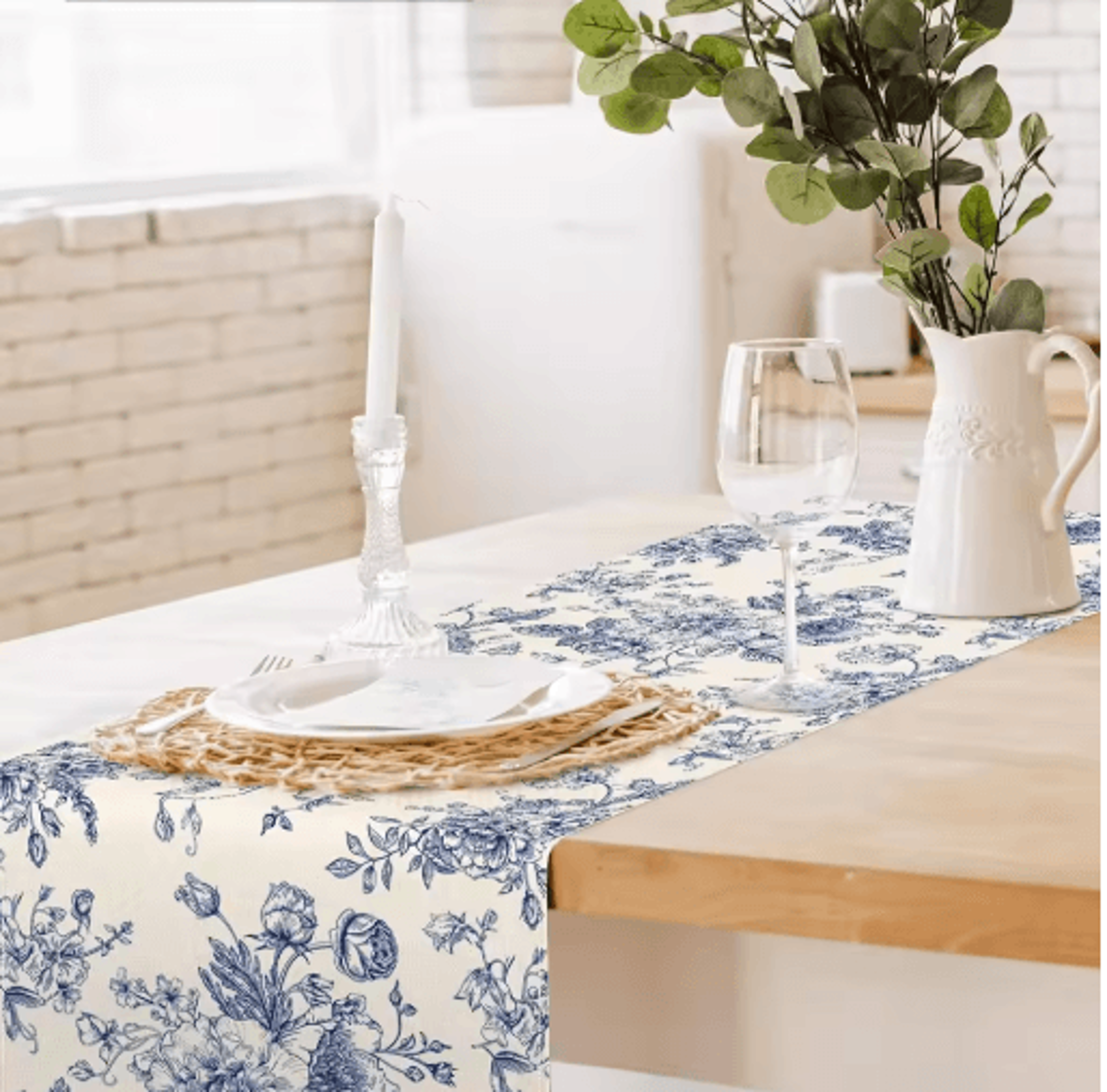 Chinoiserie Blue Floral Linen Table Runner Elegant Dining  Holiday Table Decor 6