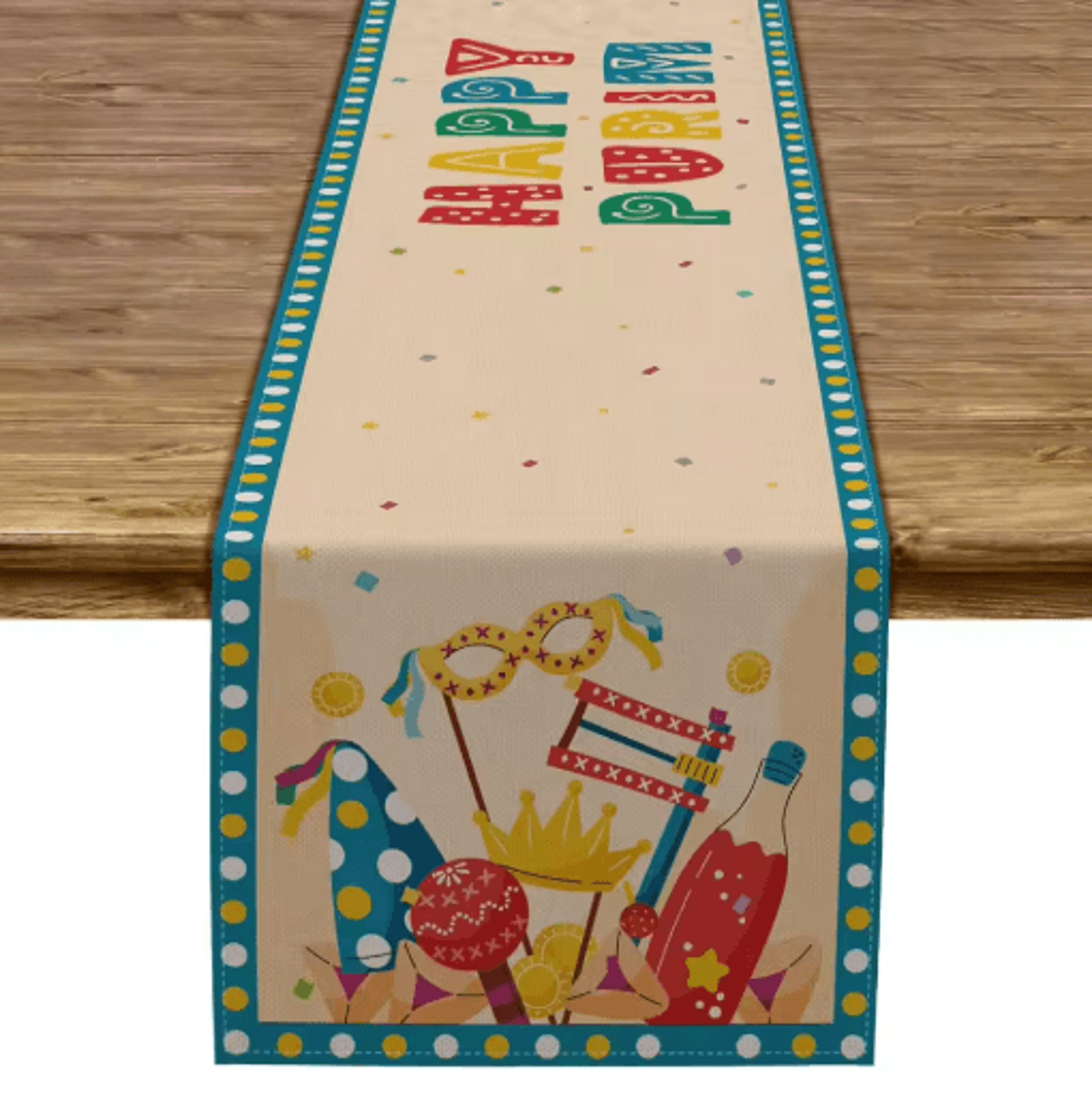 Happy Purim Linen Table Runner Festive Carnival Mask  Crown Holiday Table Decor 1