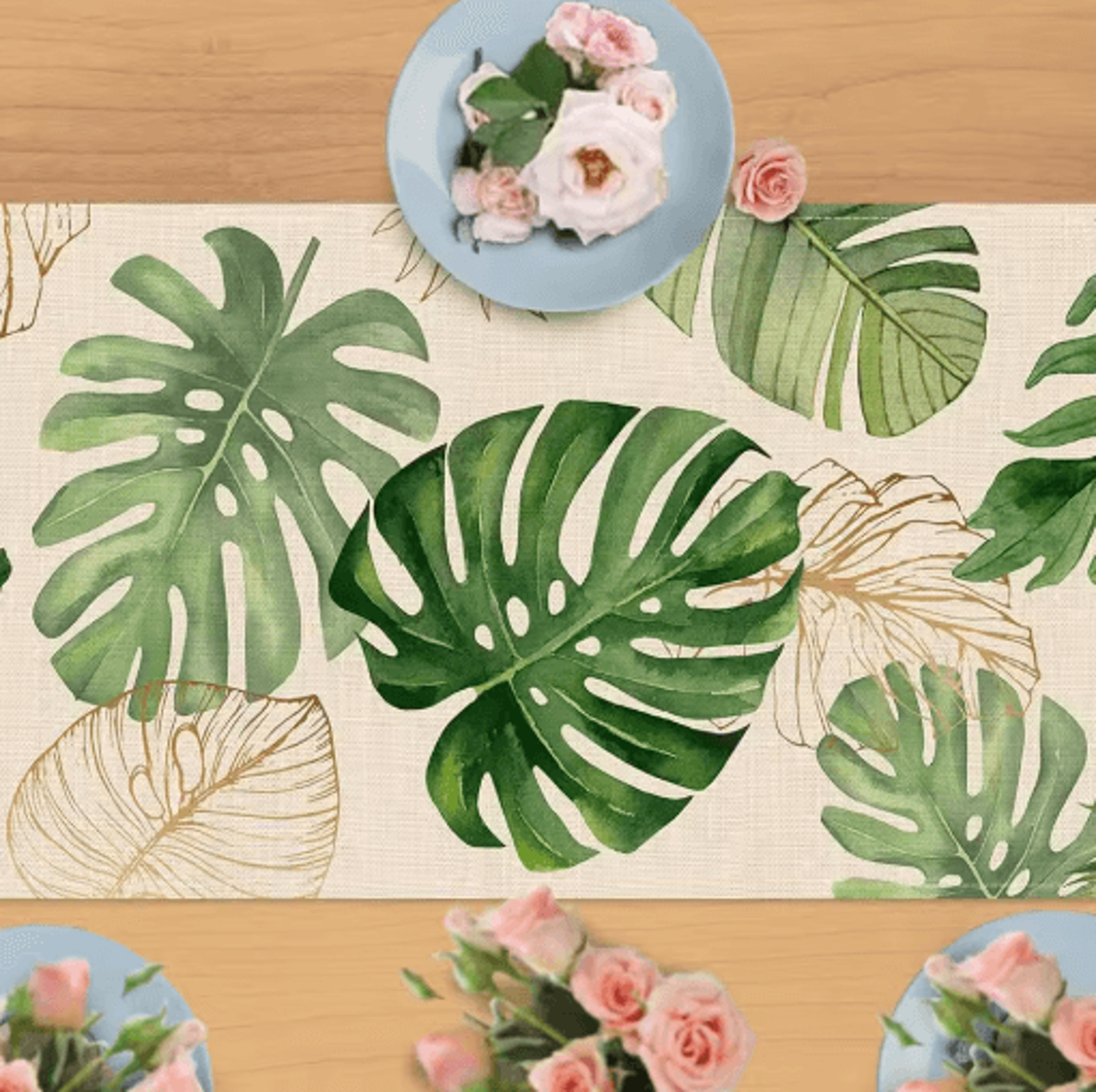Tropical Palm Leaf Linen Table Runner Fresh Summer Greenery Dining  Party Decor 3