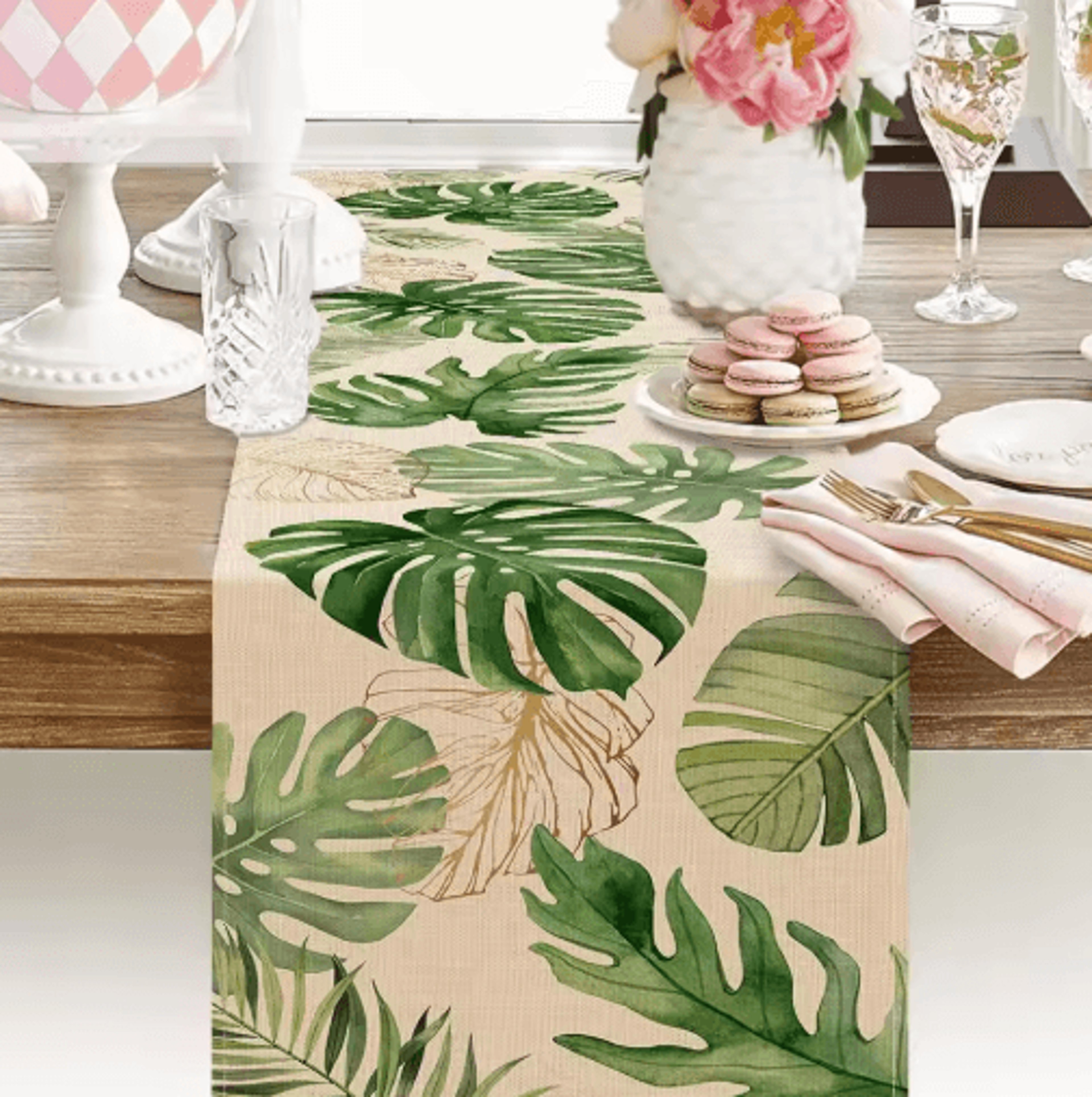 Tropical Palm Leaf Linen Table Runner Fresh Summer Greenery Dining  Party Decor 4