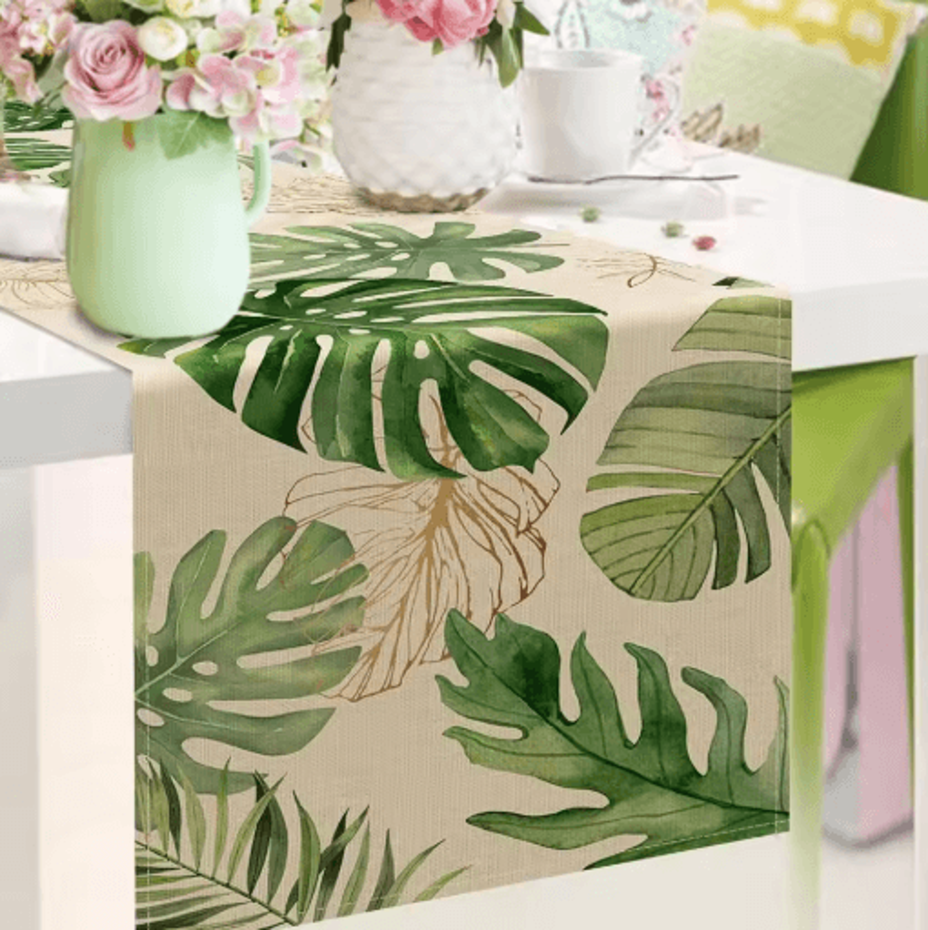 Tropical Palm Leaf Linen Table Runner Fresh Summer Greenery Dining  Party Decor 6