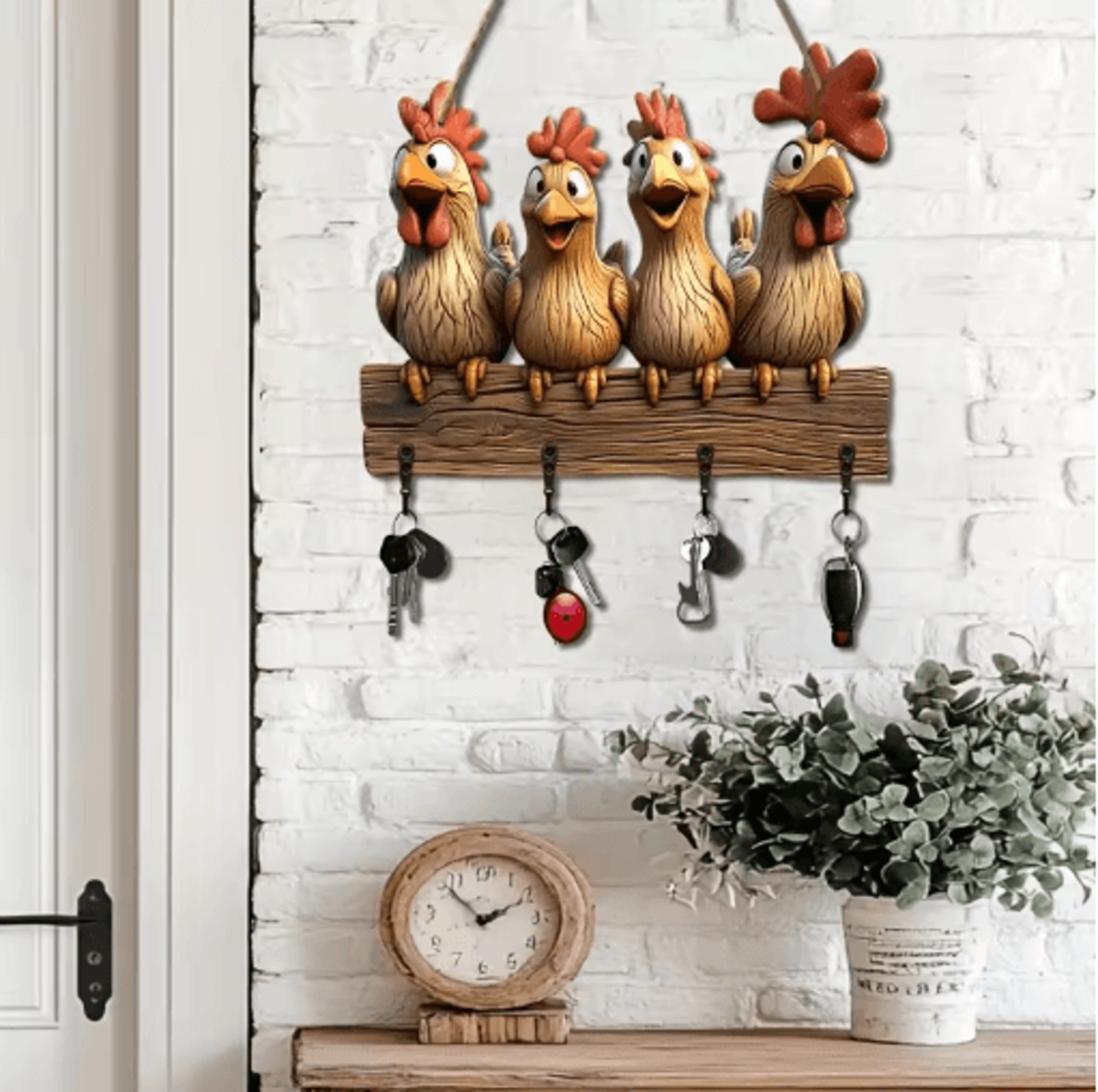 farmhouse hen wooden key holder wall mount with rustic hooks
