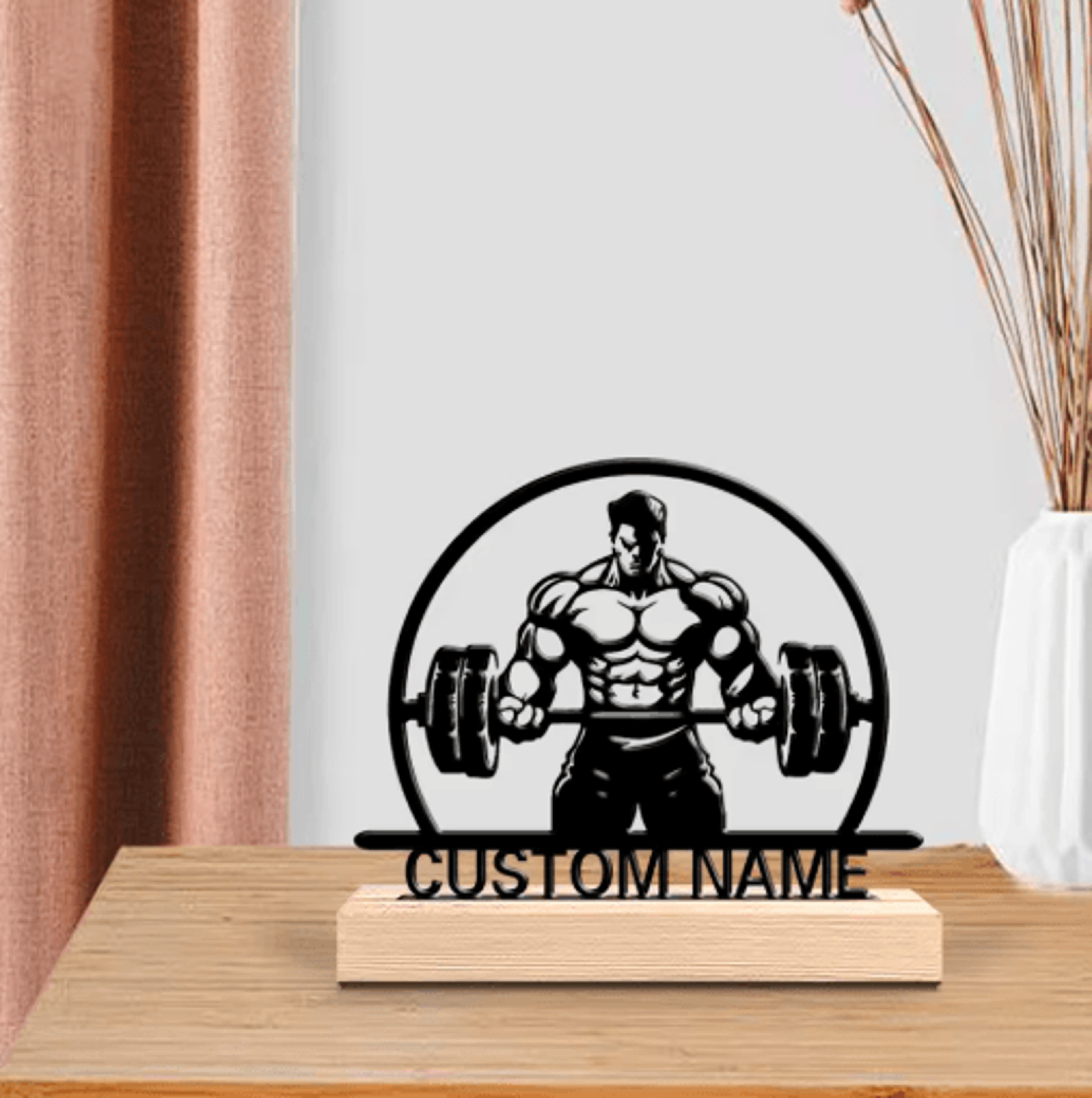 Personalized Custom Weightlifting Metal Art Fitness Tabletop Decor With Wooden Base 6