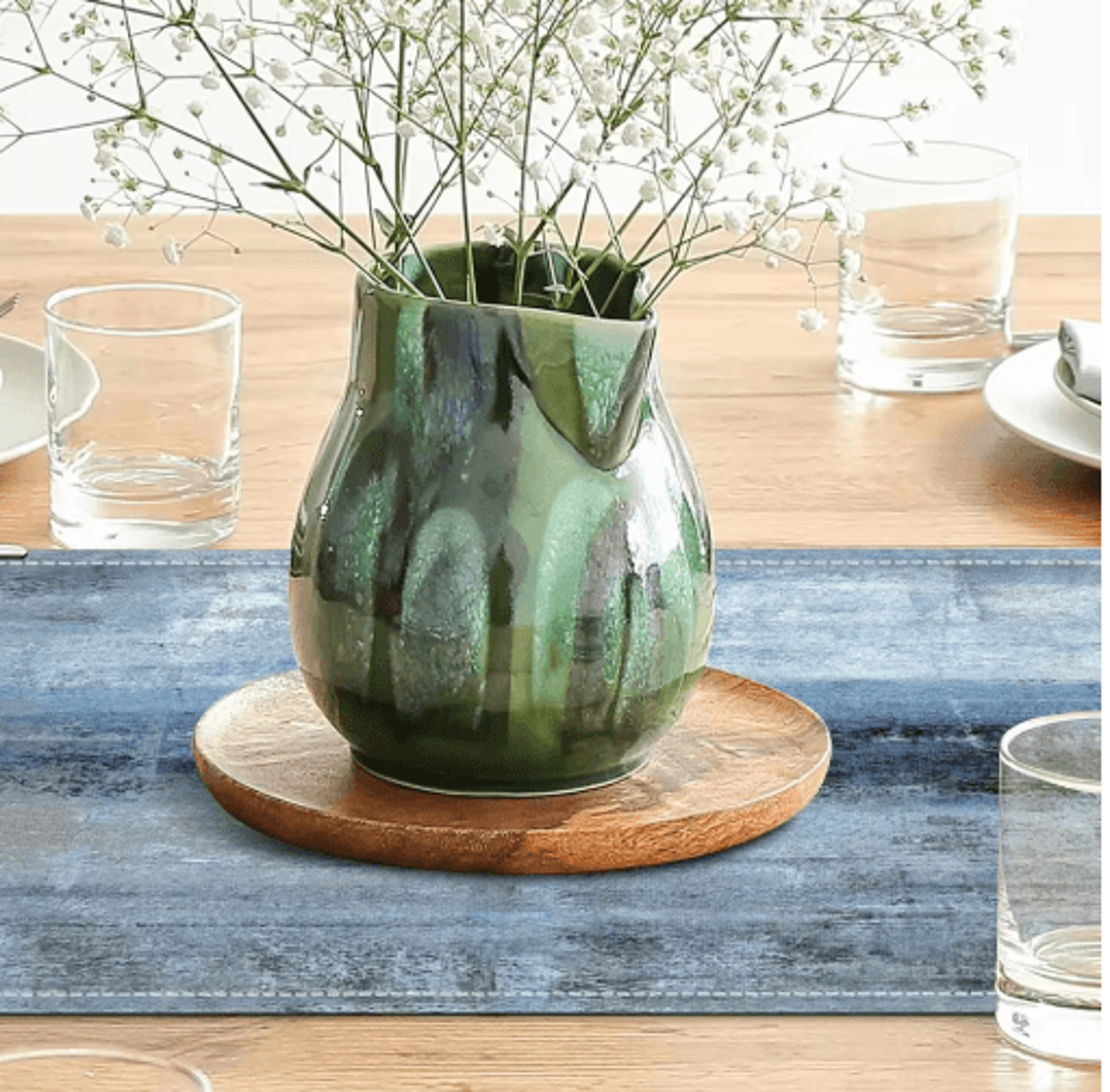 VIKAMA Linen Table Runner Farmhouse Retro Tie Dye Rustic Dining Decor 4