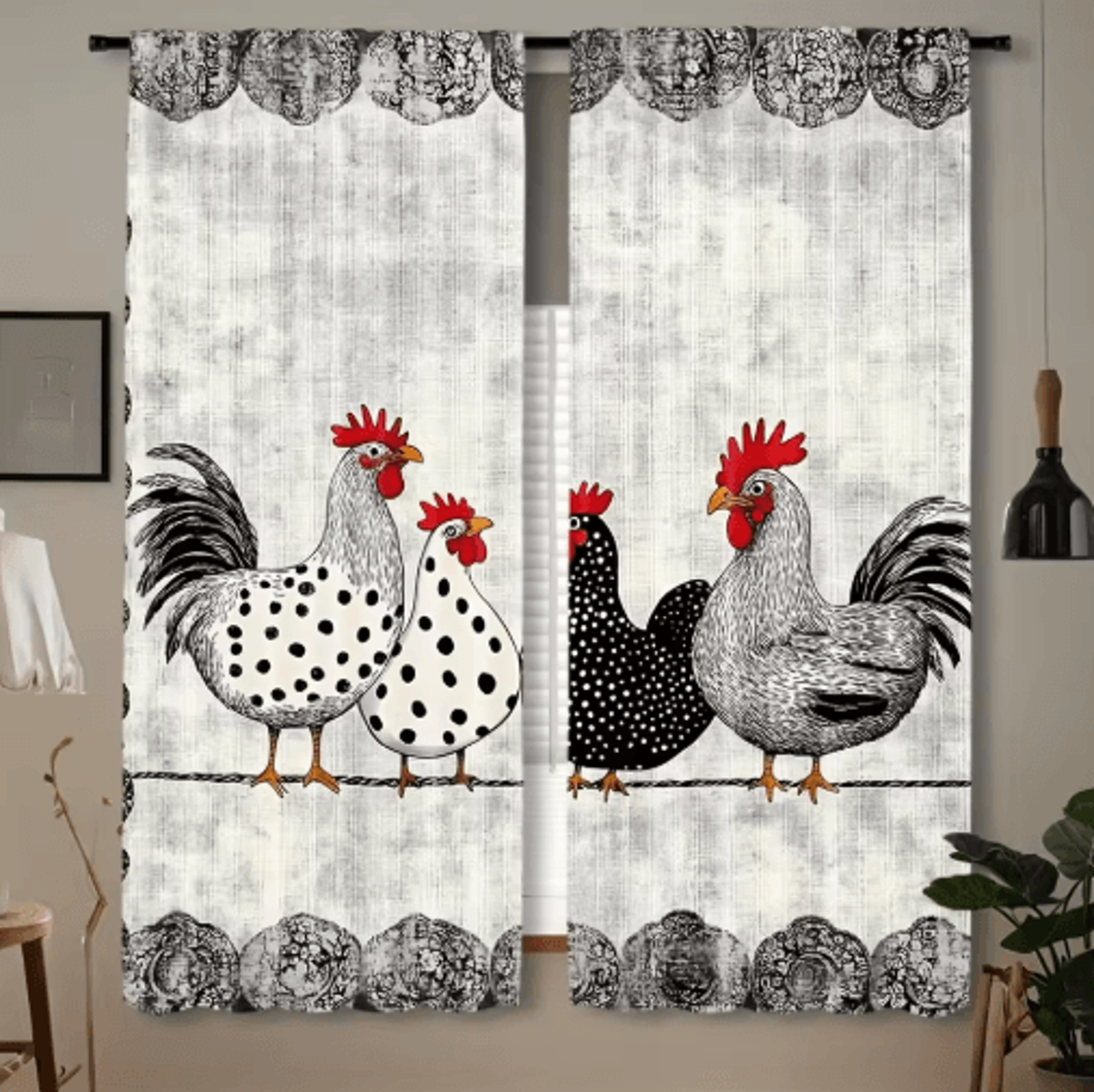 2-piece cafe curtains kitchen window retro polka dot chicken print panel