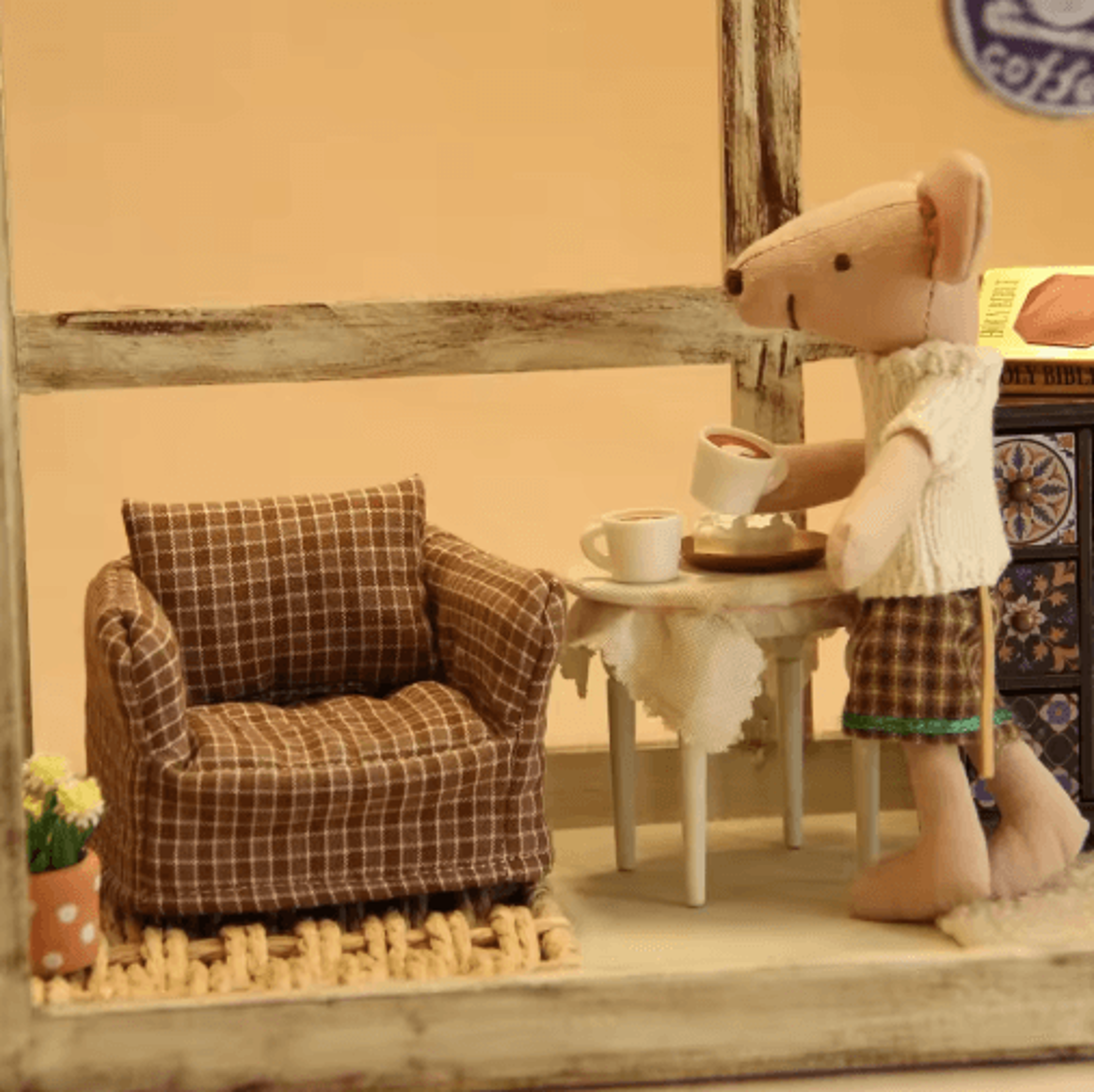 1 12 scale miniature plaid sofa – wooden dollhouse furniture for living room decor