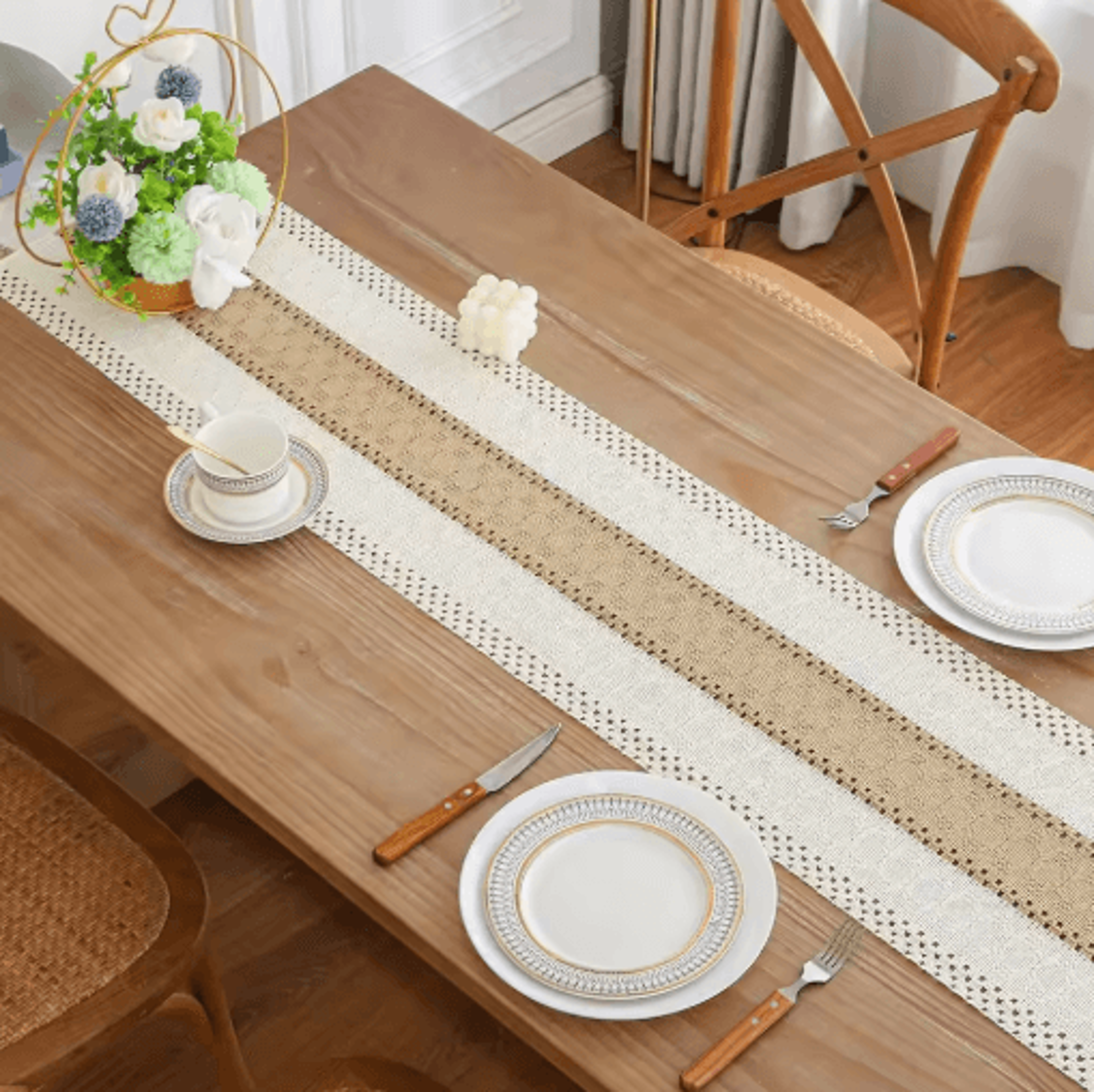 TerraWeave Boho Table Runner  Rustic Linen Macrame Decor With Tassels 2