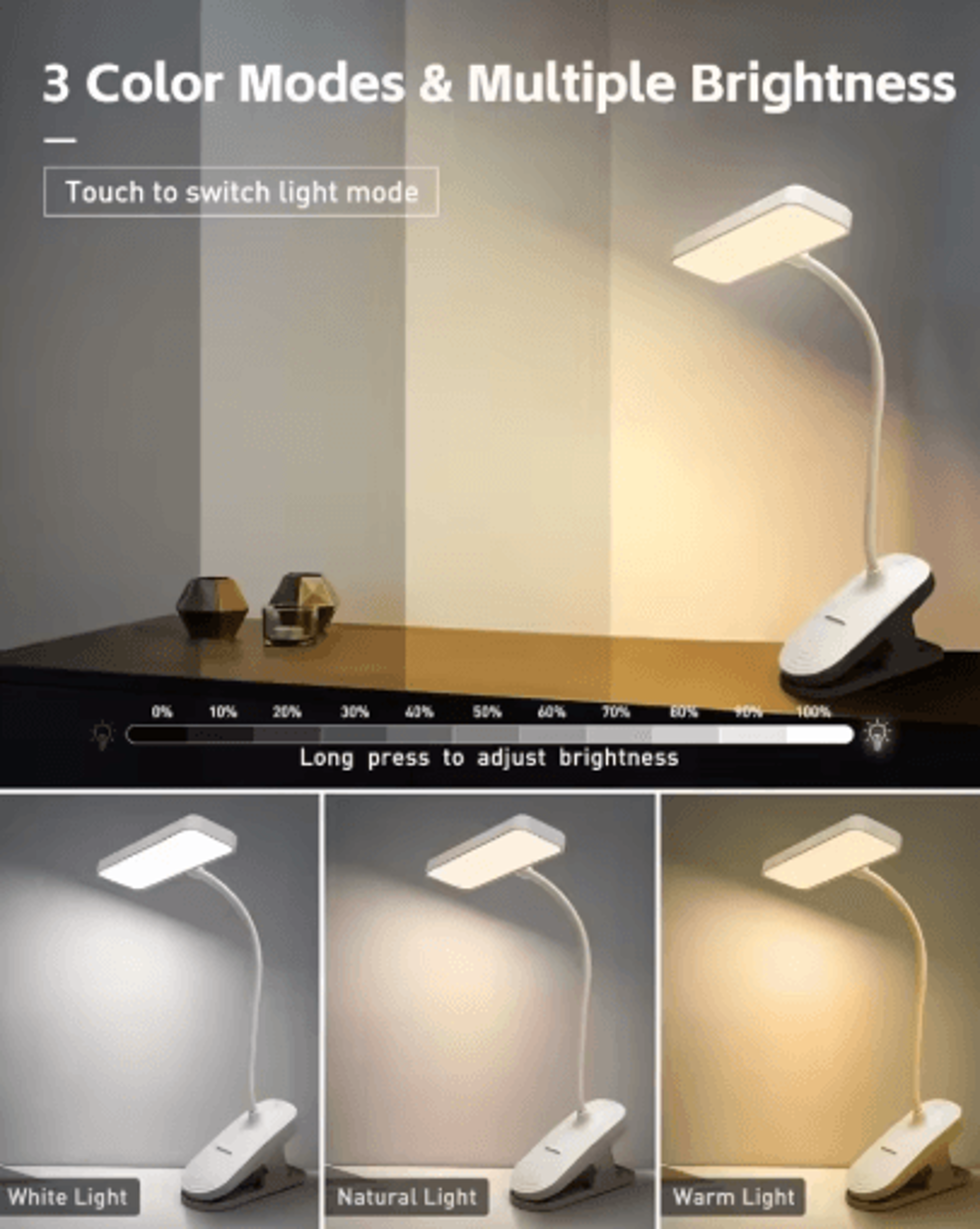 FlexiGlow LED Desk Lamp USB Rechargeable Clip On Reading Light With Eye Care 6