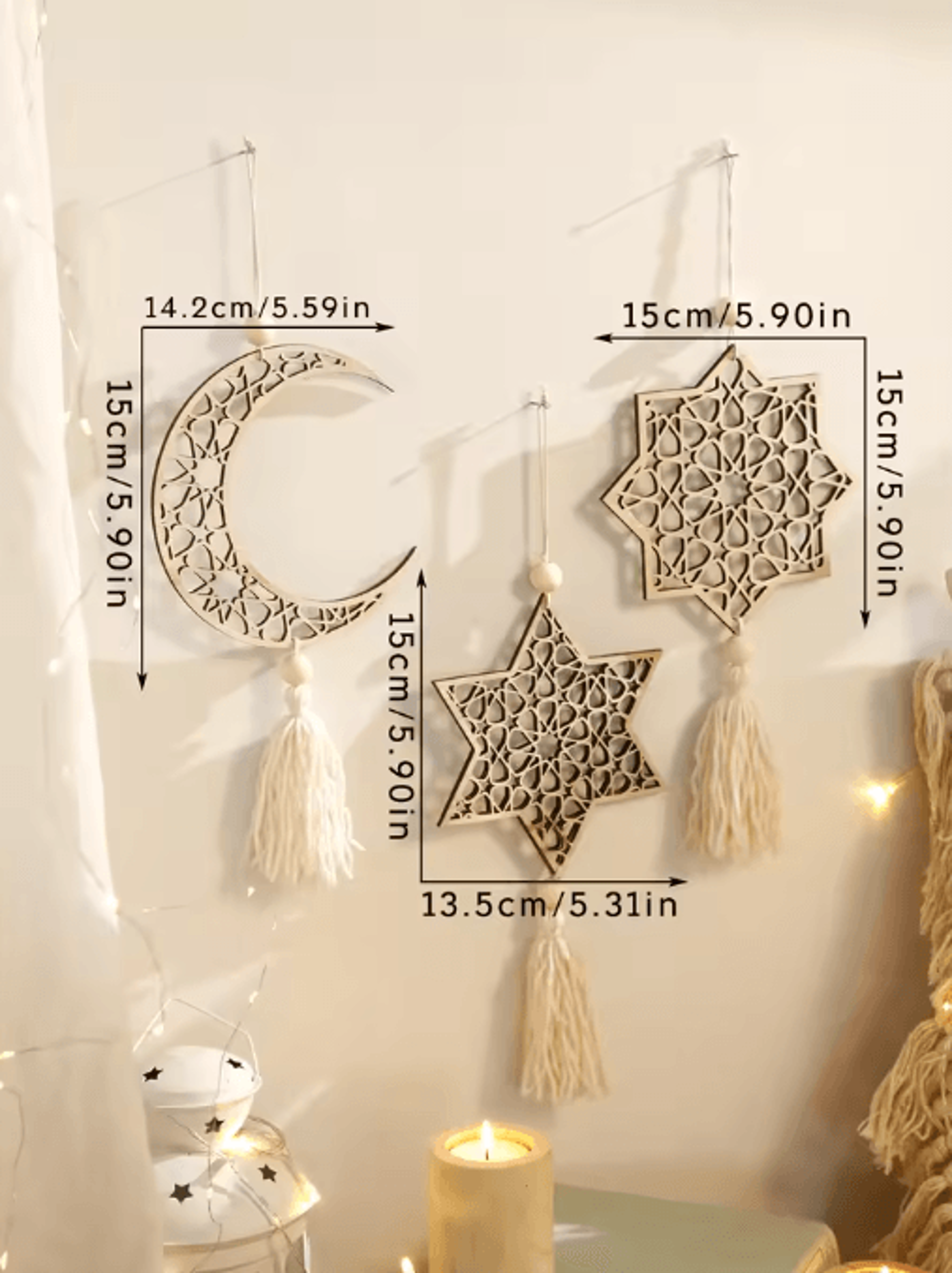NoorCharm Wooden Ramadan Hanging Ornaments Elegant Eid Mubarak Decor With Tassels 2