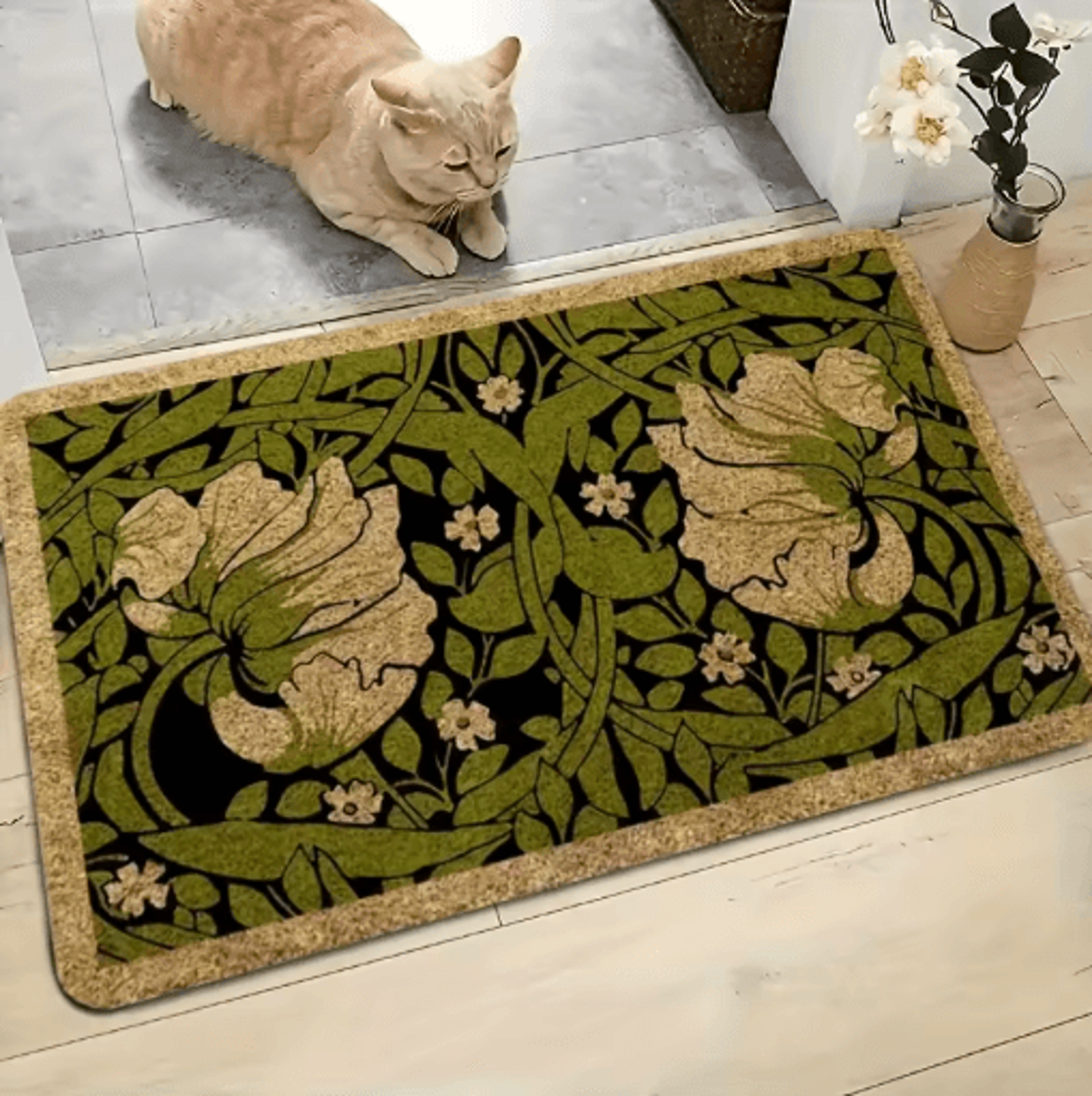 Green Floral Welcome Doormat Machine Washable Indoor Entrance Rug For Bedroom  Hallway 1