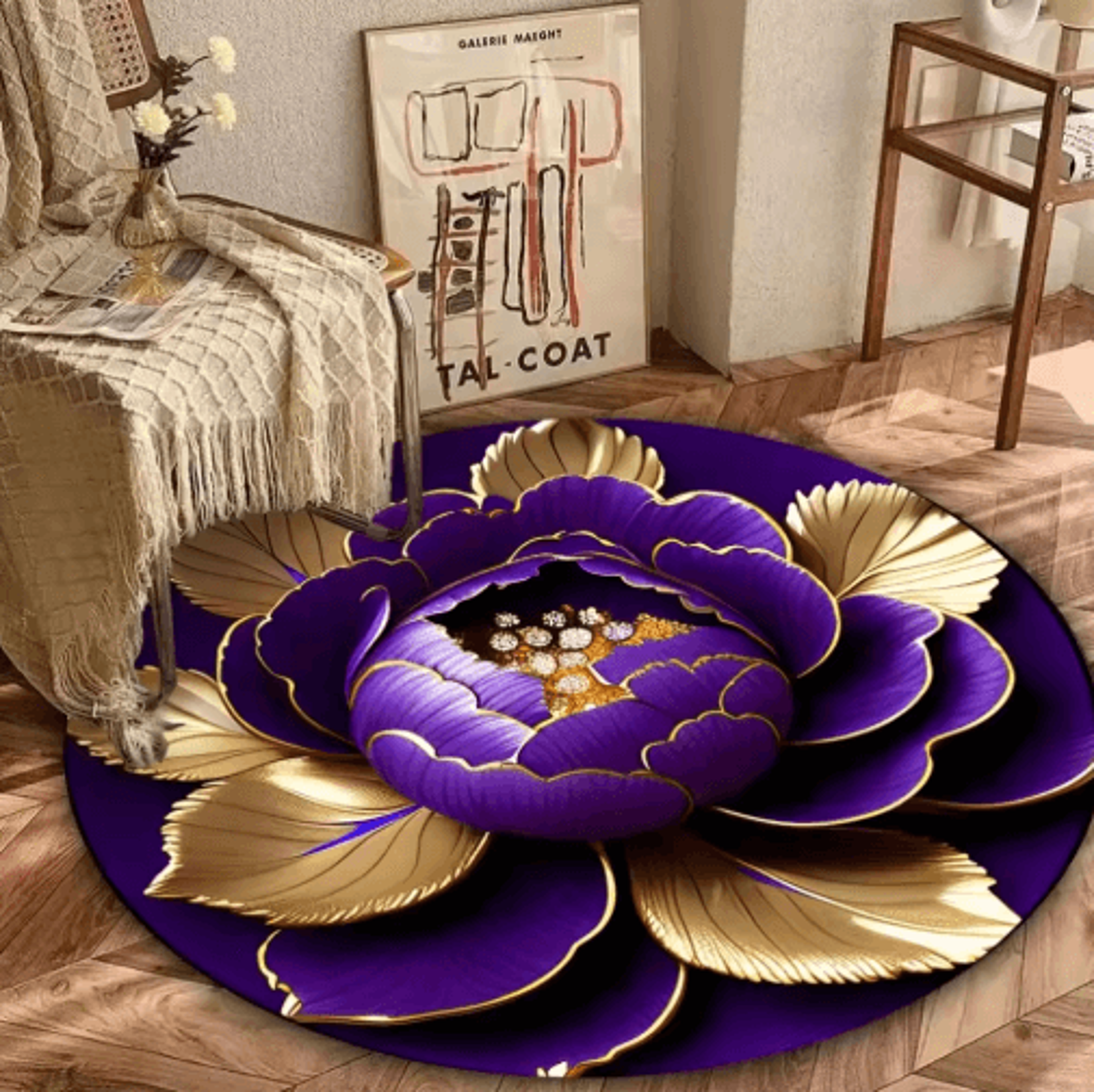 Purple Gold Peony Round Rug  Washable Floral Area Carpet For Living Room  Bedroom Decor 1
