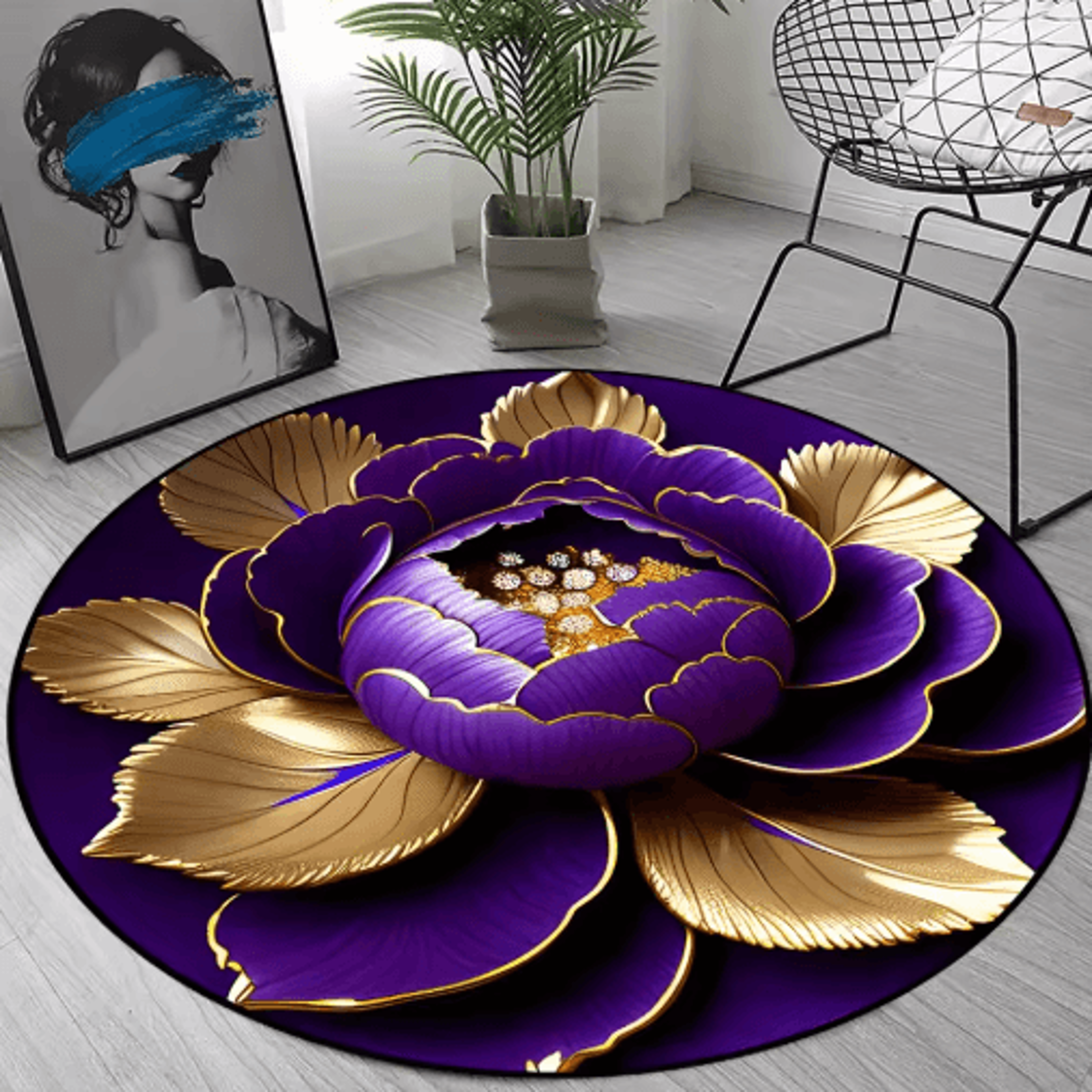 Purple Gold Peony Round Rug  Washable Floral Area Carpet For Living Room  Bedroom Decor 5