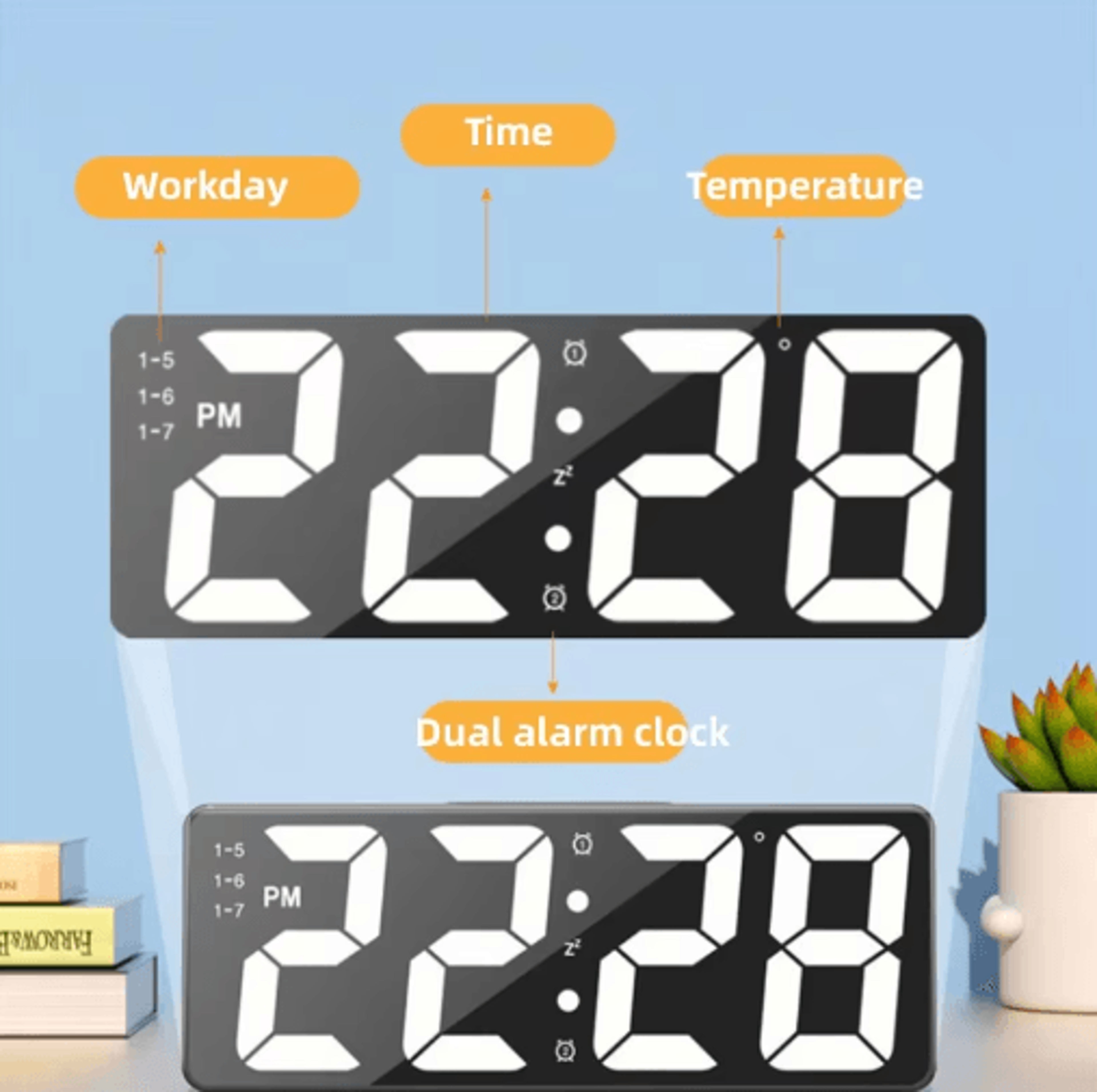 LED Digital Alarm Clock With Temperature Display Adjustable Brightness Bedroom Clock 5