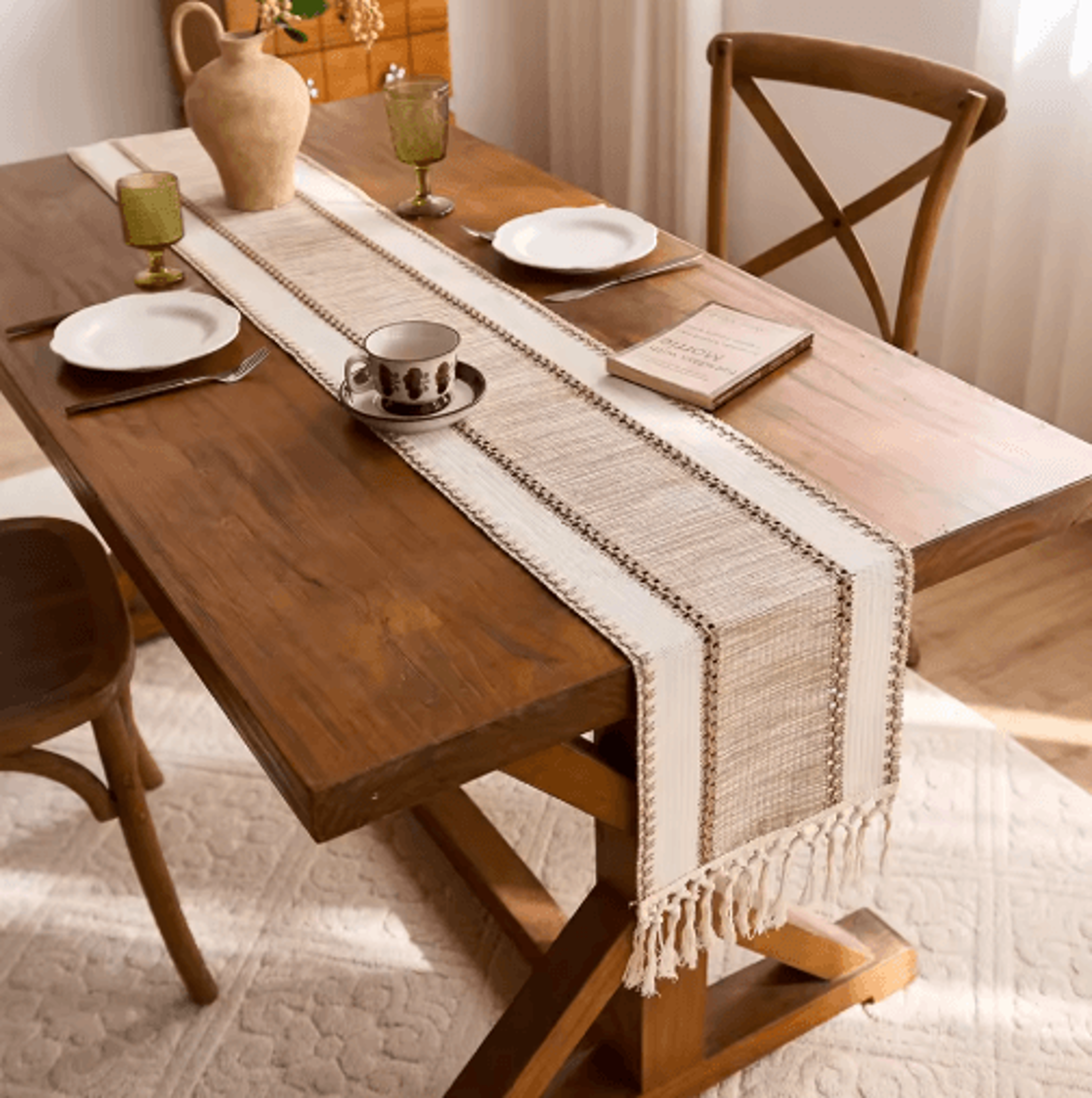 Nordic Boho Striped Green Table Runner Handwoven Tassel Decor For Rustic Tables 8