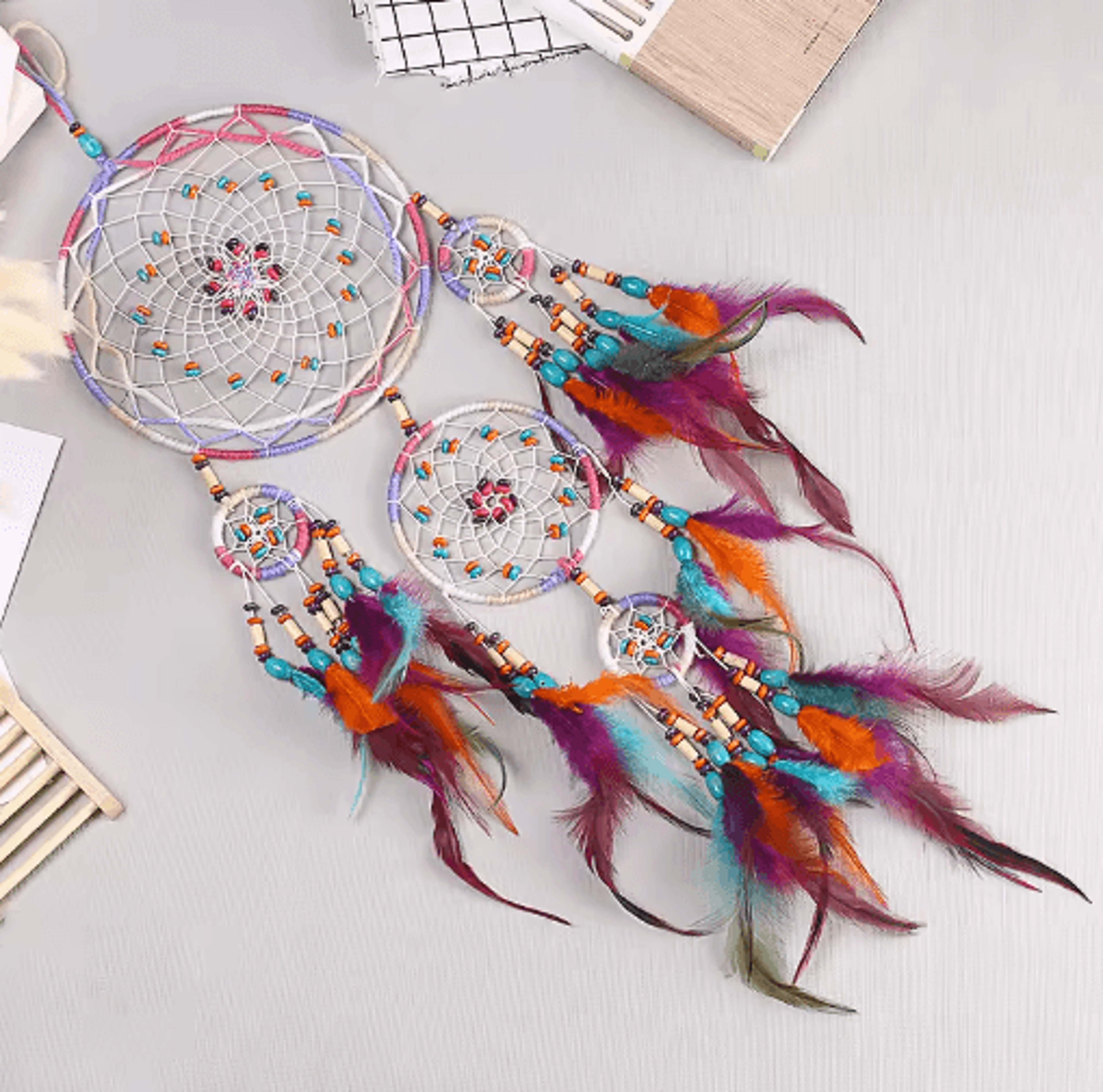 Handmade Five Ring Dream Catcher Boho Wall Hanging Ornament For Bedroom  Living Room 4