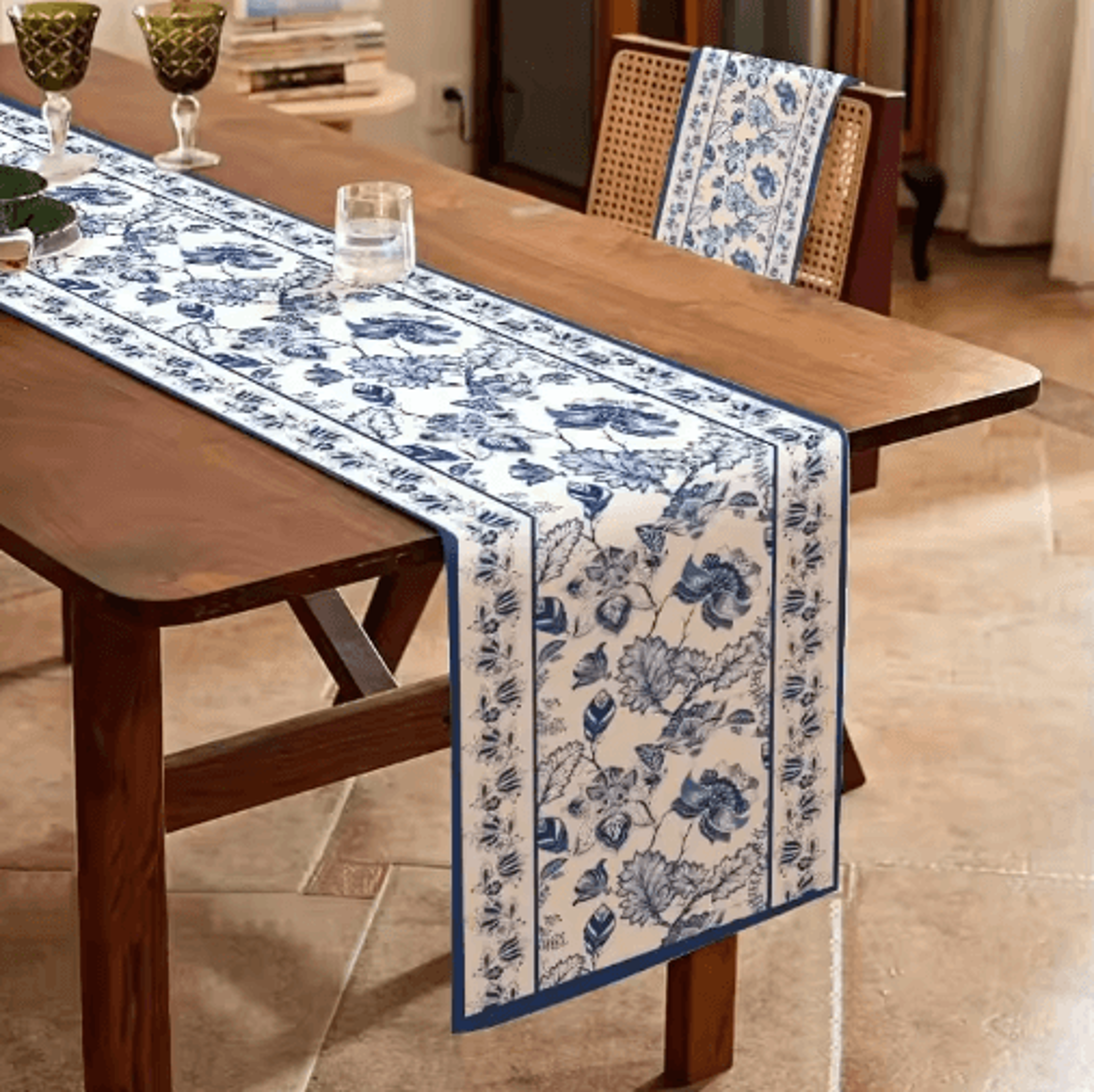 Elegant Blue Floral Table Runner  Linen Farmhouse Summer Dining  Wedding Decor 3
