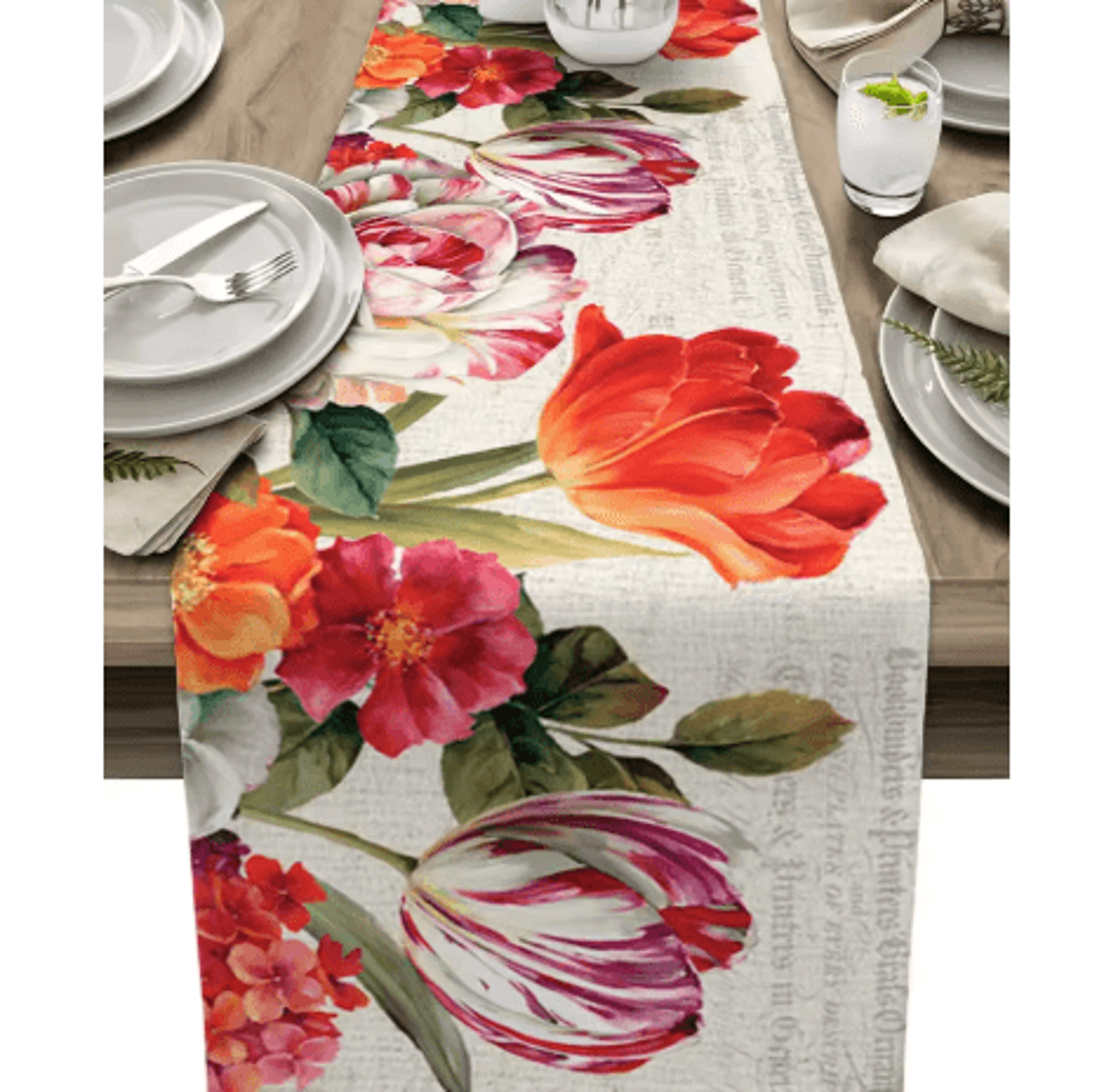 vintage tulip floral table runner – linen farmhouse dining & wedding decor