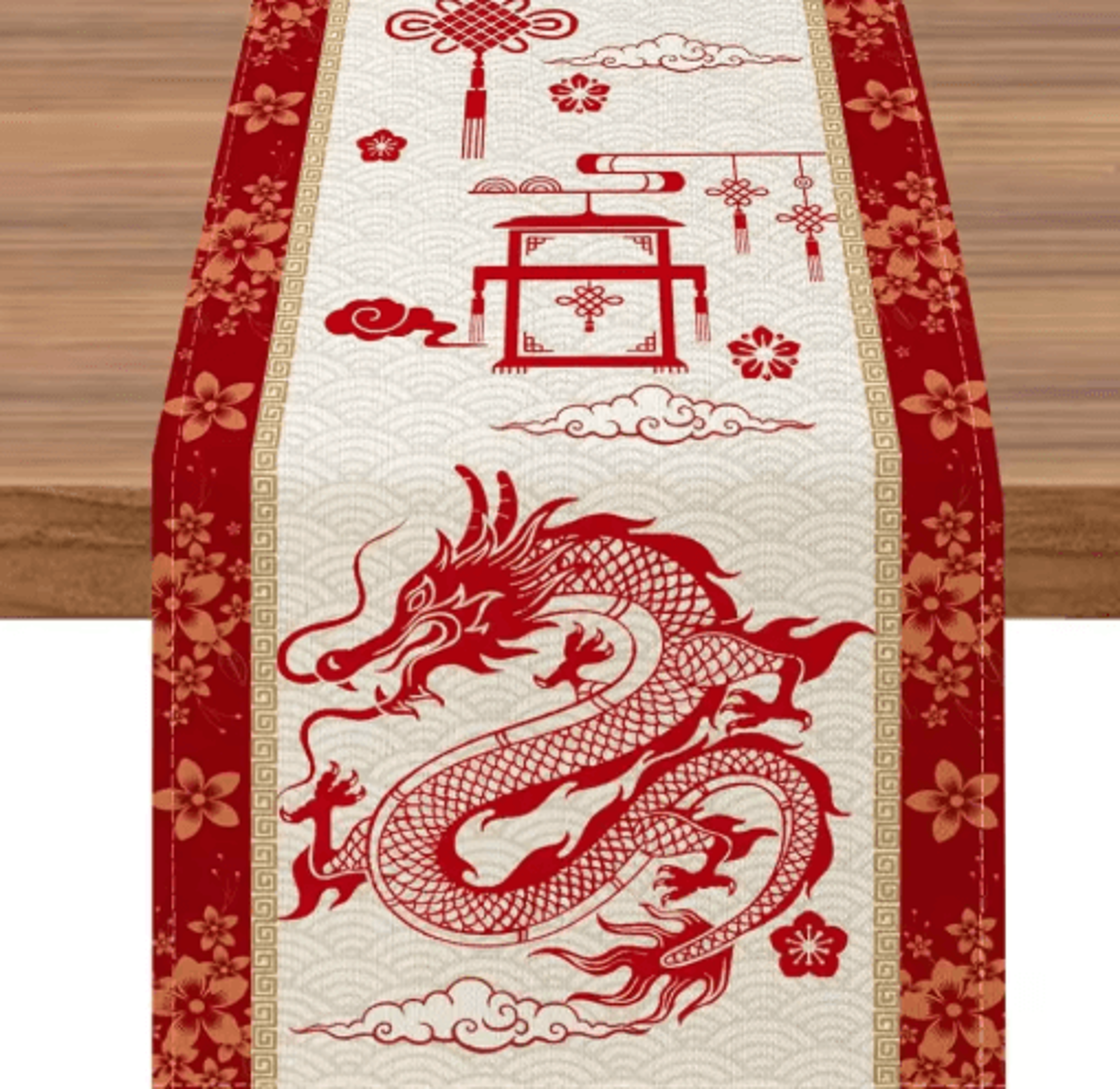 Festive Chinese New Year Table Runner  Year Of The Dragon Linen Dining Decor 1